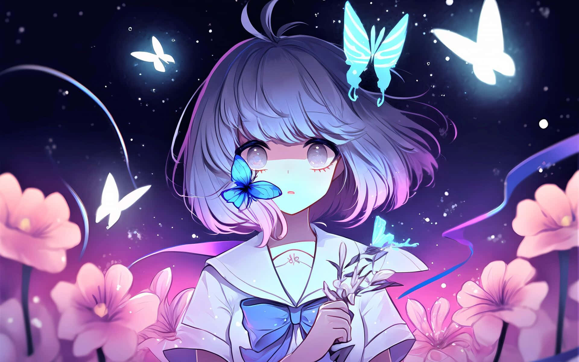  壁紙 — 一個發光的動漫女孩，紫色頭髮和蝴蝶，在星空下漂浮在粉紅色的花朵中。