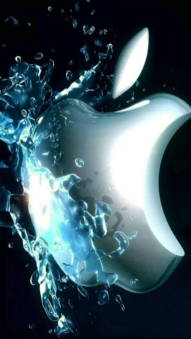 發光的Apple標誌被飛濺的水滴包圍在黑色背景上 — 3D 壁紙
