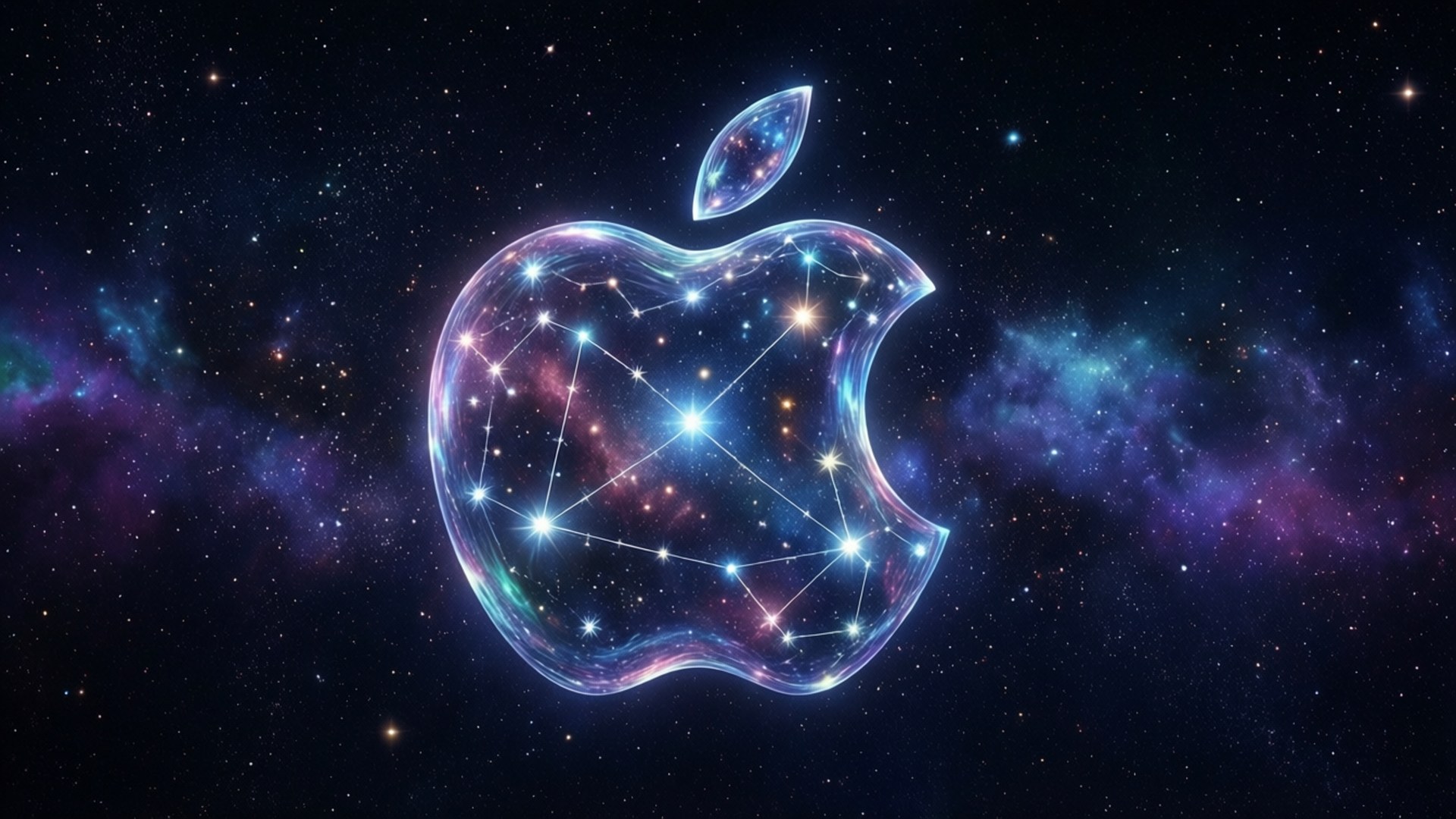 Stellar Apple Constellation 壁紙 — 由星星和星座組成的發光蘋果標誌漂浮在充滿紫色、藍色和藍綠色色調的充滿活力的宇宙星雲中。