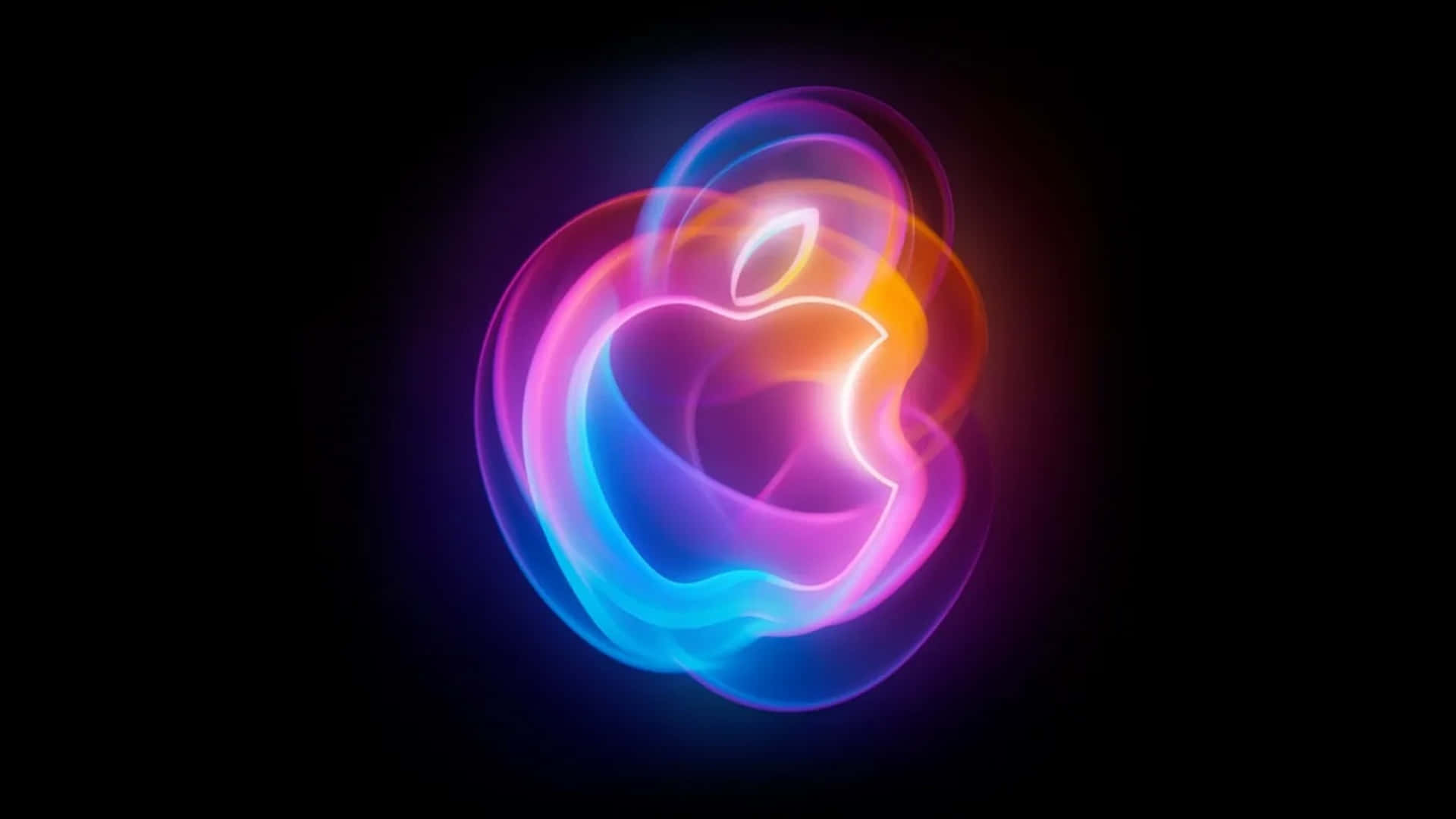  壁紙 — 發光的Apple標誌在黑色背景上以螢光粉紅、藍色和橙色光旋轉。
