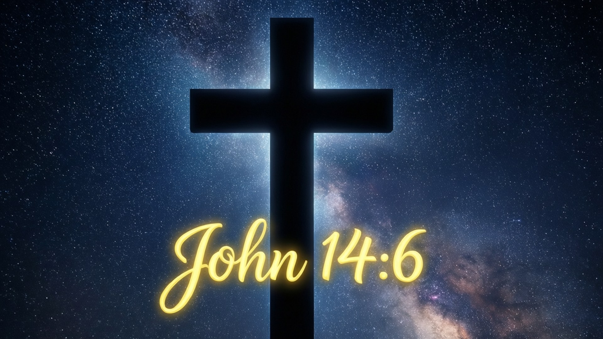 Short Bible Verse 桌布 壁紙 — 一個發光的黑色十字架矗立在繁星點點的夜空下，下方以金色字體照亮約翰福音14:6的文字。