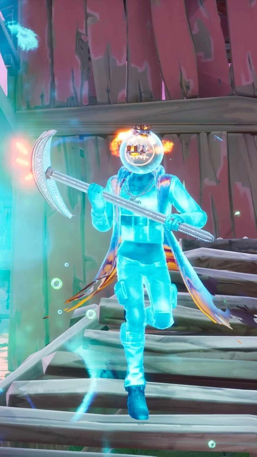 發光藍色裝甲角色在木樓梯上拿著發光鐮刀。 — Fortnite 壁紙