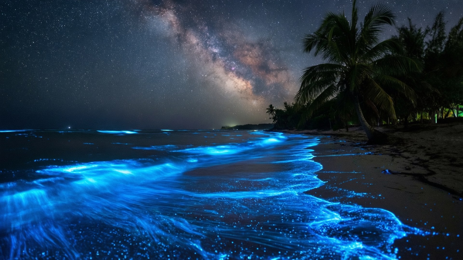 Bioluminescent Caribbean Night 壁紙 — 發光的藍色生物發光海浪拍打沙灘，星空下銀河拱起。