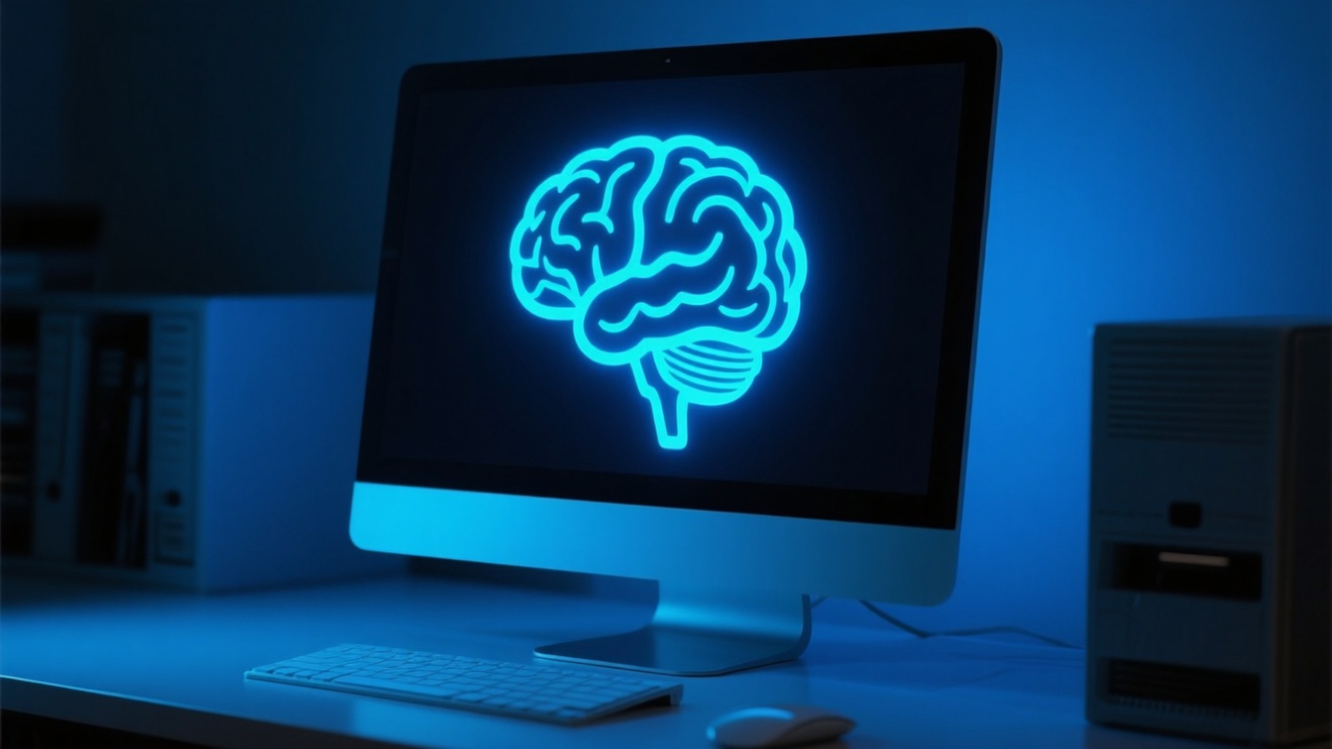 AI Brain Computer 壁紙 — 一個發光的藍色大腦圖標照亮了電腦顯示器，房間昏暗，沐浴在冷藍色光中。