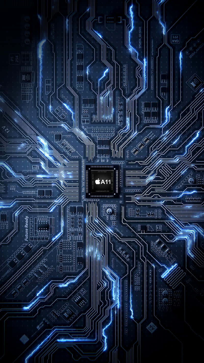 Retro Tech 桌布 壁紙 — 一塊發光的藍色電路板，中央有Apple A11晶片，散發出未來數位能量。