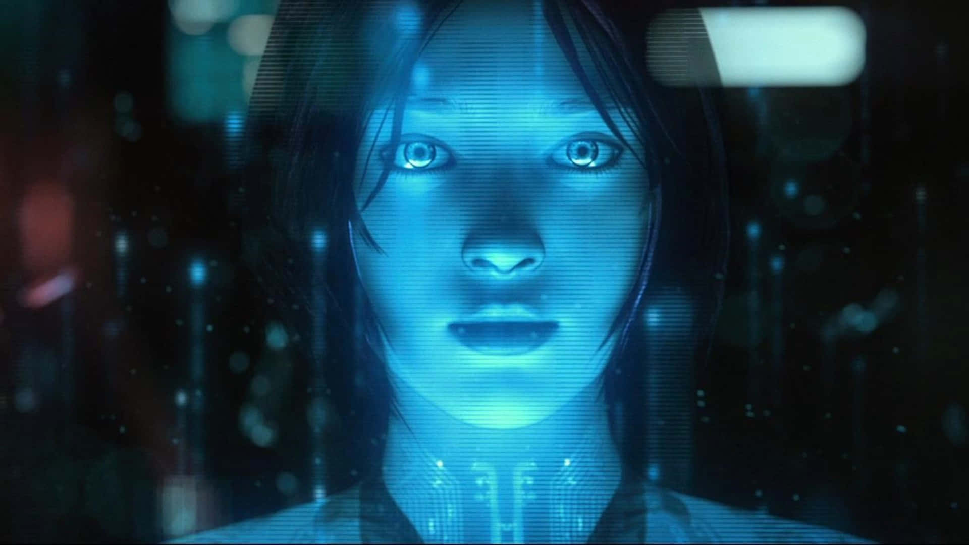在黑暗的未來場景中，女性的臉部被藍色數位電路照亮。 — Microsoft 壁紙