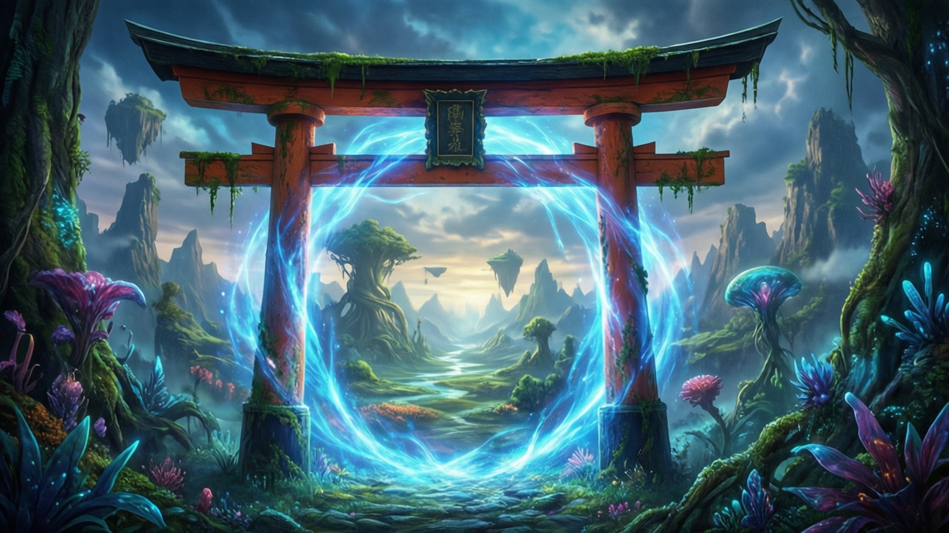 Fantasy Portal Torii 壁紙 — 一個發光的藍色能量傳送門，由長滿苔蘚的紅色鳥居框住，通往一個超現實的浮島景觀，擁有生物發光的植物。