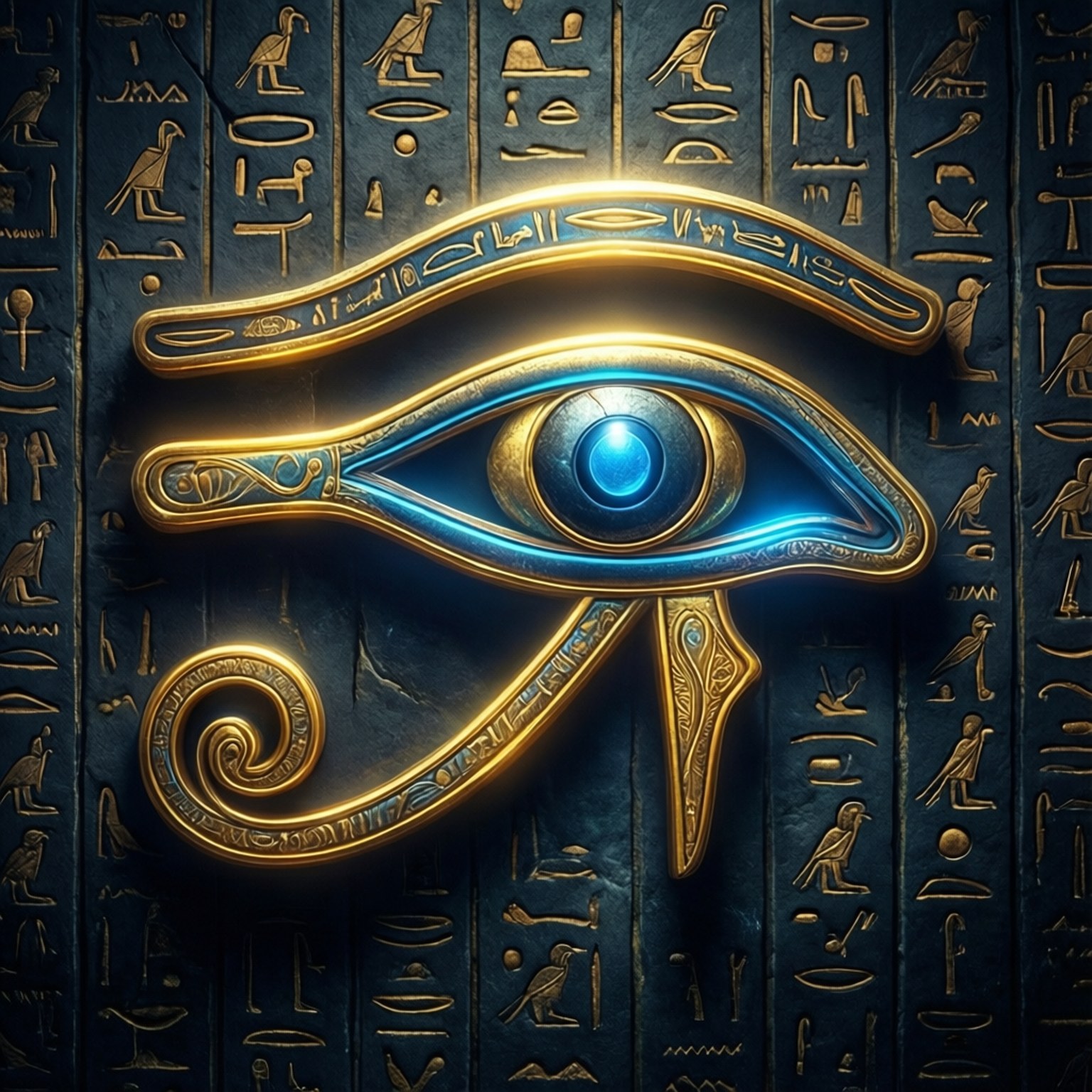 Eye of Horus 壁紙 — 一個發光的藍色和金色荷魯斯之眼符號，在深藍色象形文字石牆上散發神聖光芒。