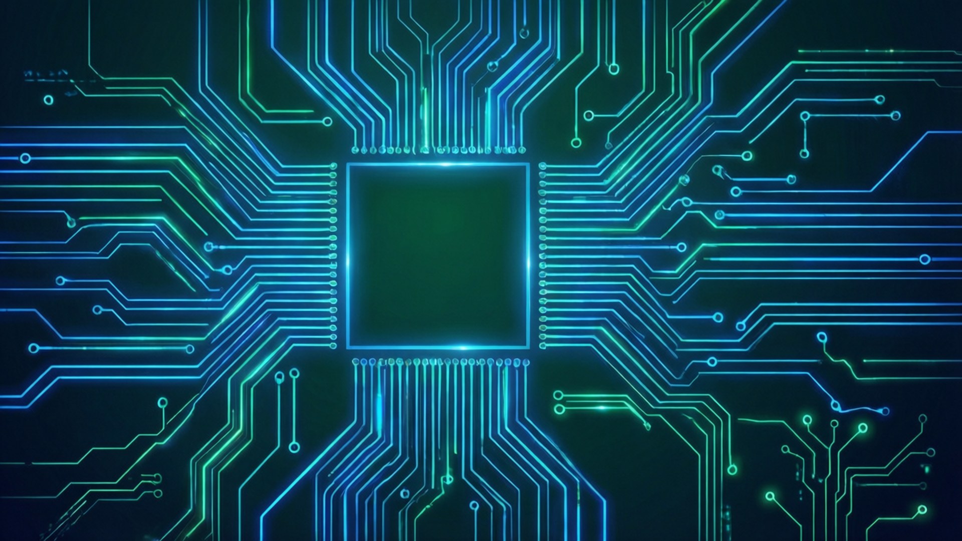 Neon Blue Circuit Board 壁紙 — 發光的藍色和綠色電路板，中央方形晶片在黑暗背景下散發出複雜的霓虹路徑。