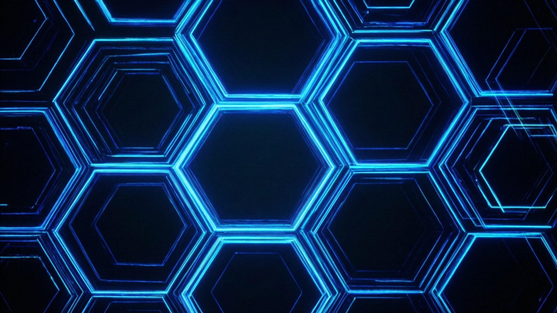 Neon Blue Hexagons 壁紙 — 發光藍色六邊形的未來感圖案在深黑色背景上形成無縫網格。