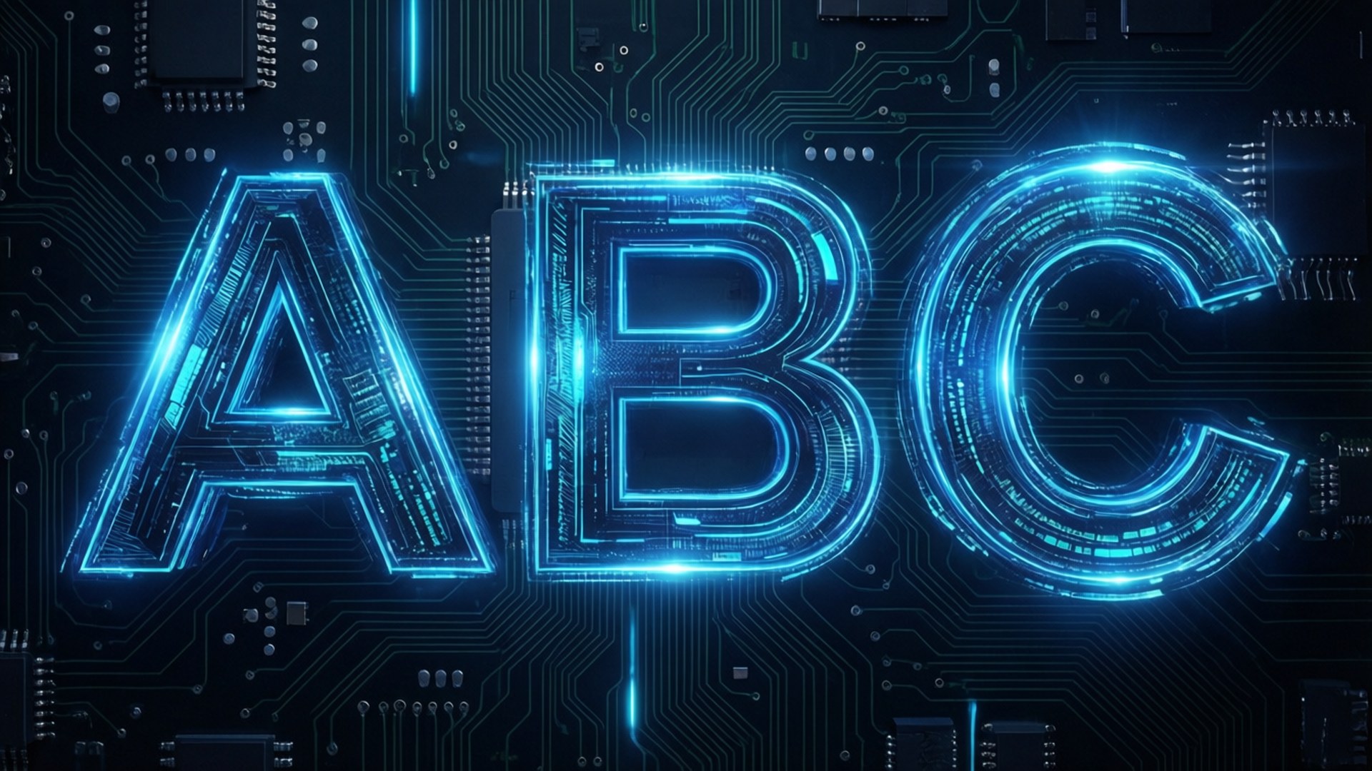 Sci-Fi Digital ABC 壁紙 — 發光藍色霓虹字母ABC漂浮在細節豐富的深色電路板上，帶有複雜的路徑和發光節點。