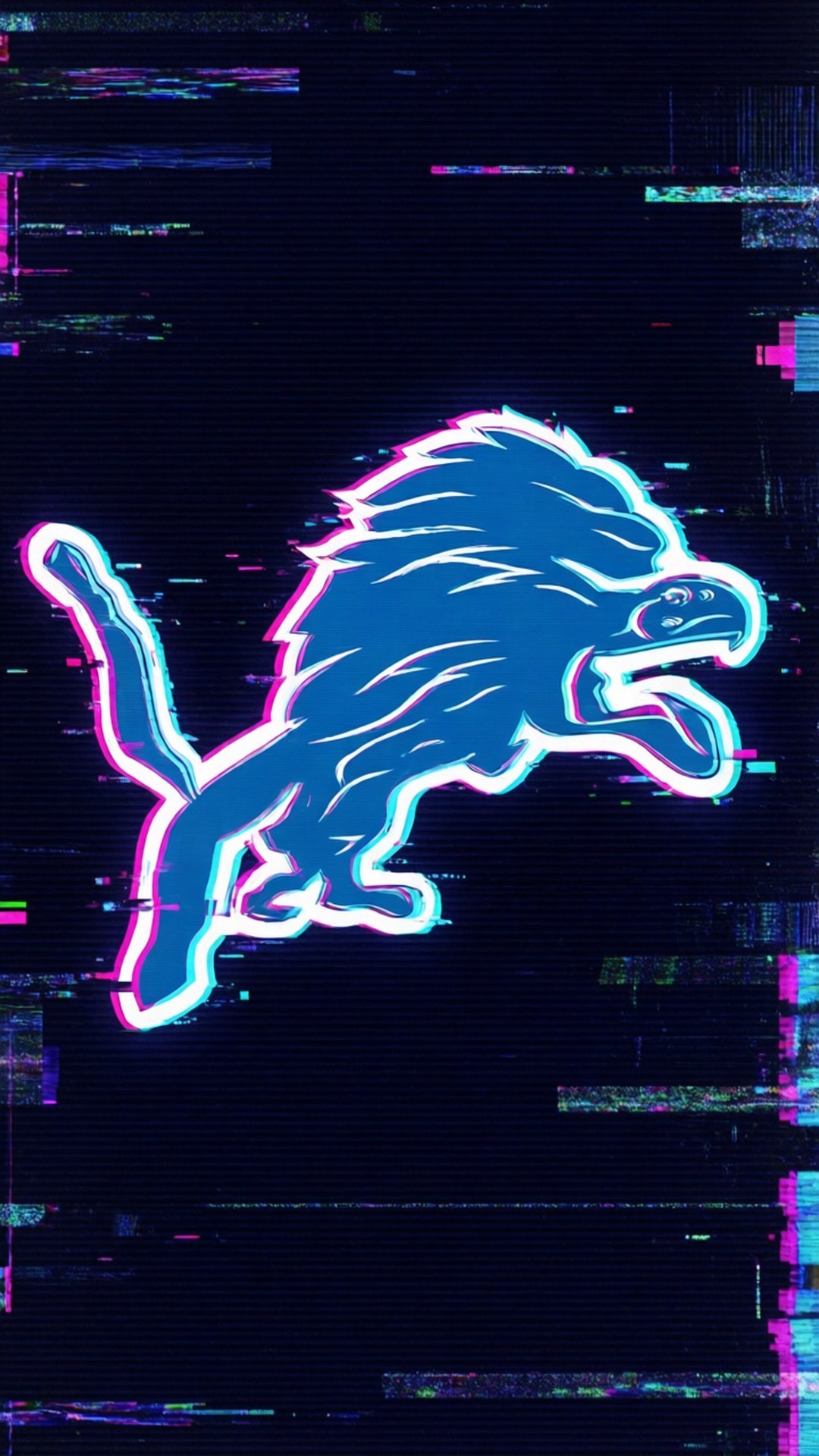 Glitch Logo Neon 壁紙 — 發光藍色霓虹獅子吉祥物在充滿彩色數位故障效果的黑暗螢幕上跳躍。