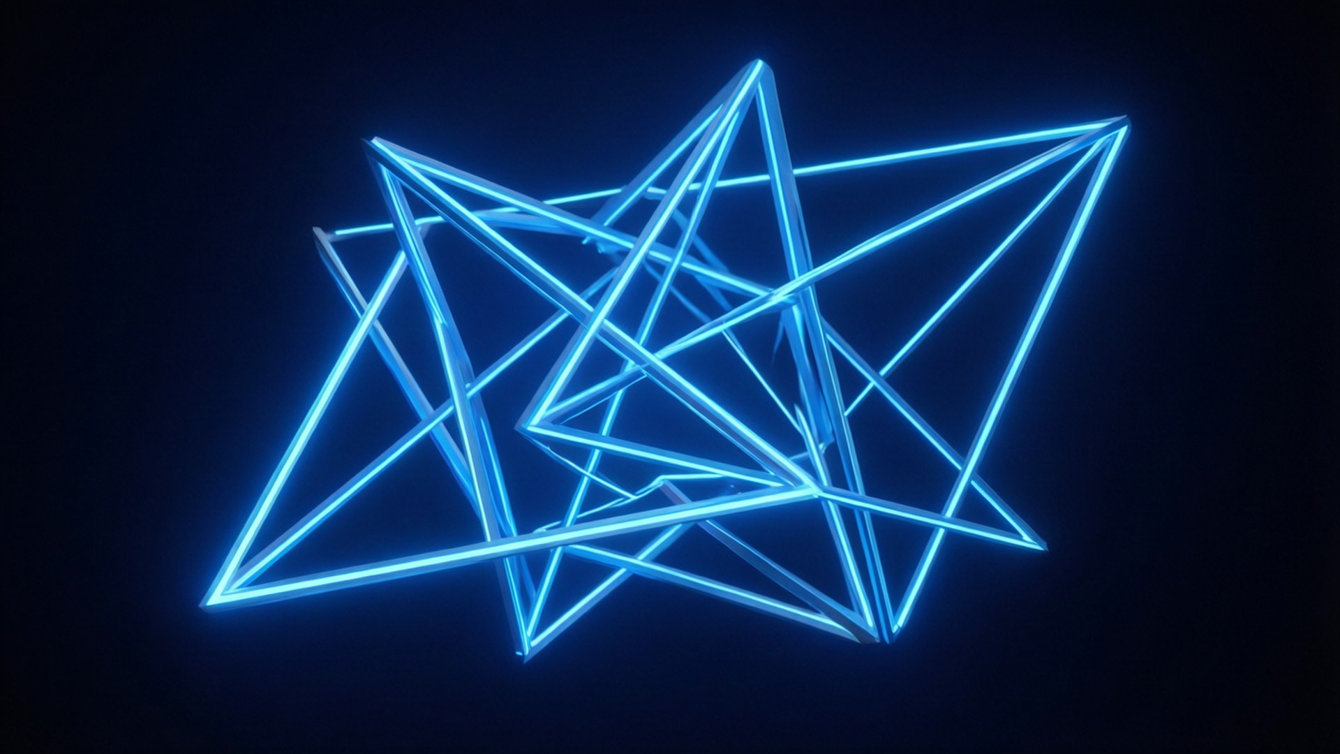 Geometric Glow 壁紙 — 一個發光的藍色霓虹星形雕塑，帶有相交的三角形線條，背景為深色。