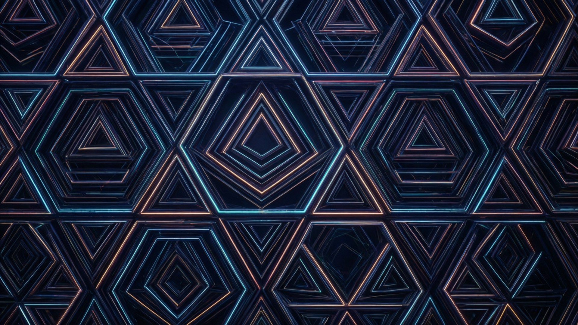 Geometric Neon Abstract 壁紙 — 在深色背景上，由發光的藍色和橙色霓虹三角形和六邊形組成的迷人幾何圖案。
