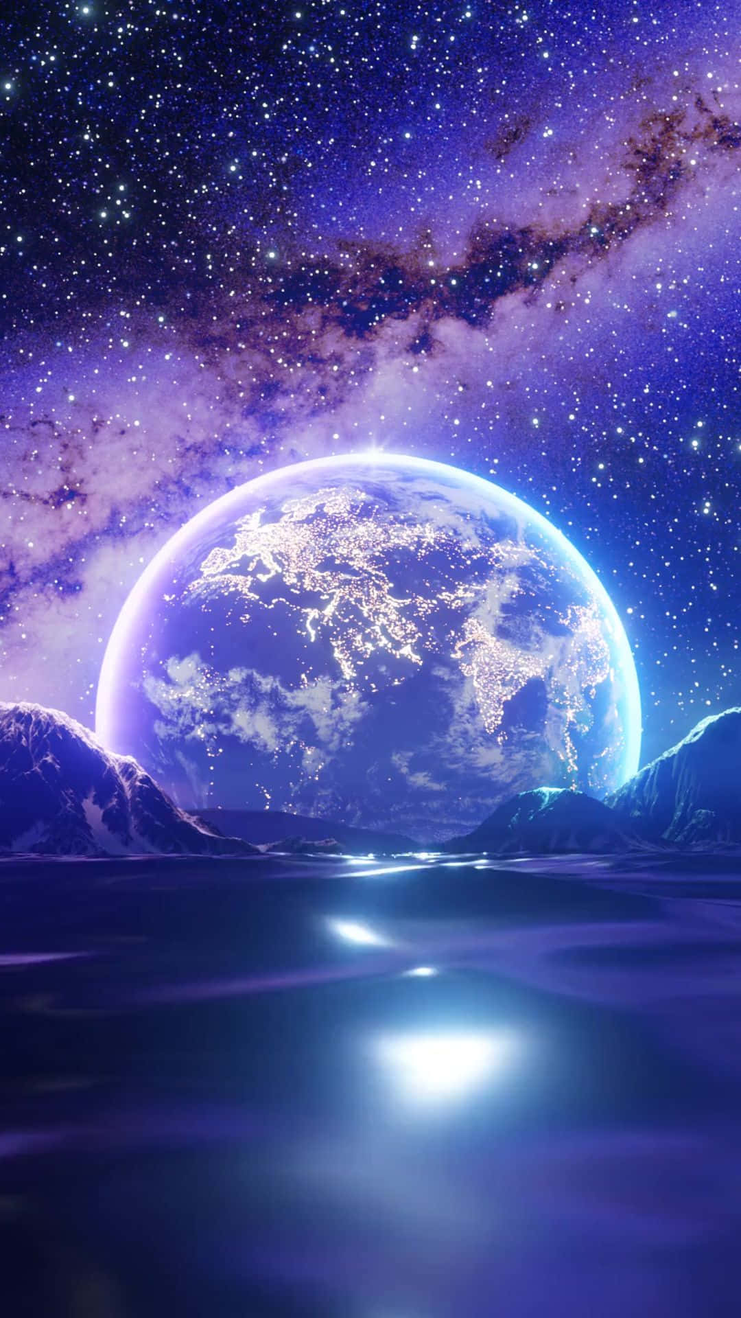 一顆發光的藍色行星帶著城市燈光漂浮在雪山和倒映在水中的星空之上。 — 動態圖 壁紙