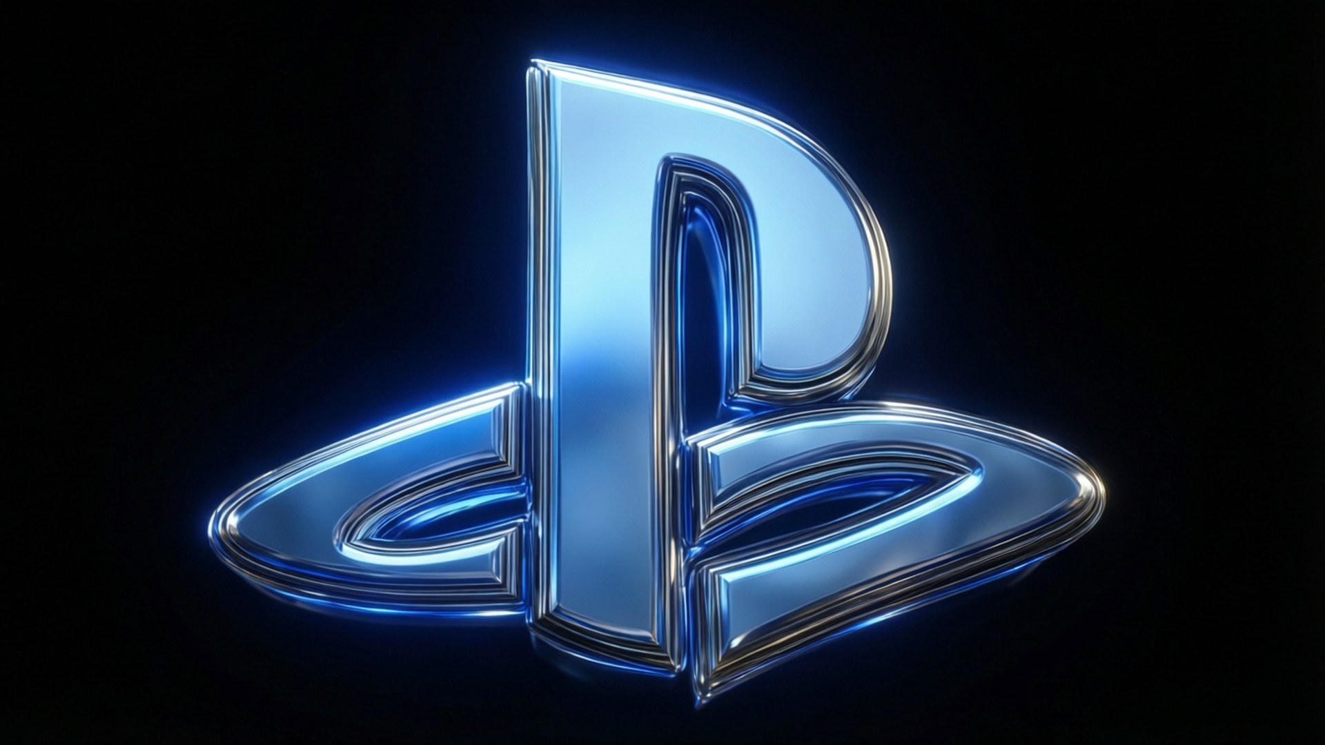PlayStation Logo Glow 壁紙 — 發光的藍色 PlayStation 標誌帶有金屬光澤，在純黑色背景上脫穎而出。