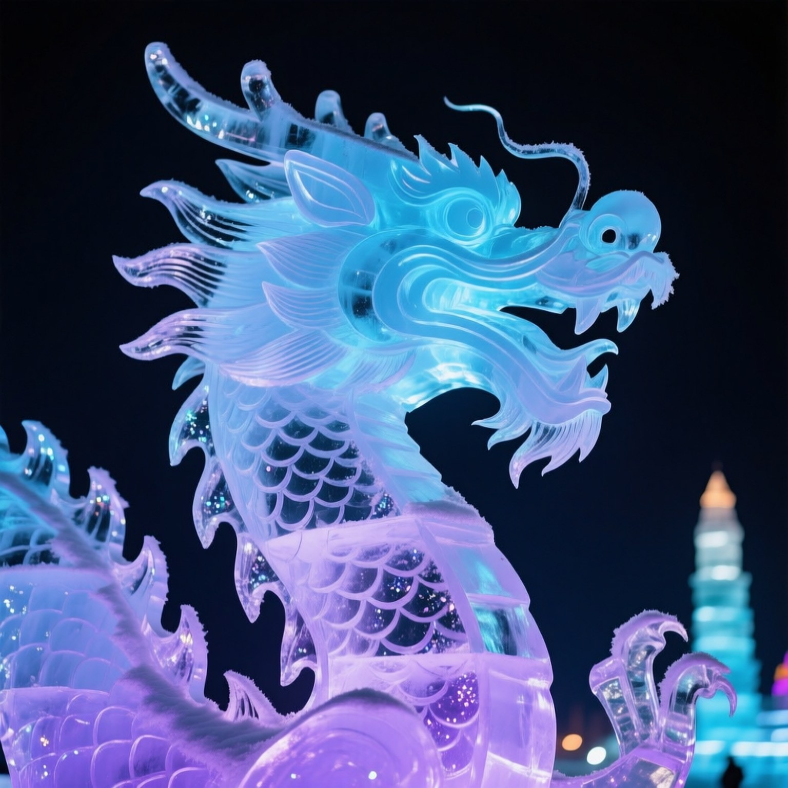 Icy Dragon Detail 壁紙 — 一座發光的藍色和紫色冰龍雕塑在黑暗的夜空中閃耀，背景是一座遠處的塔。