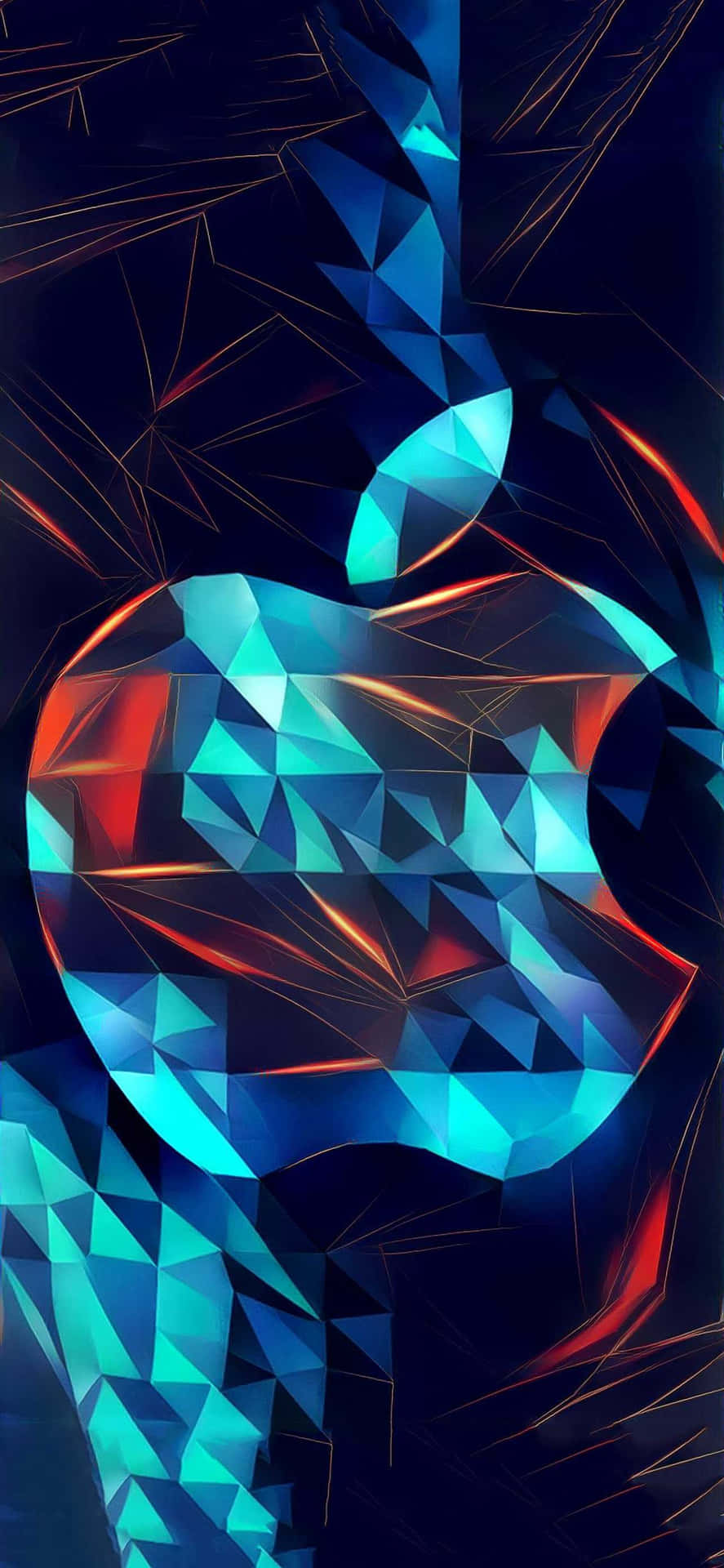 在深色抽象背景上發光的藍色和紅色幾何Apple標誌。 — iPhone 13 Pro 壁紙