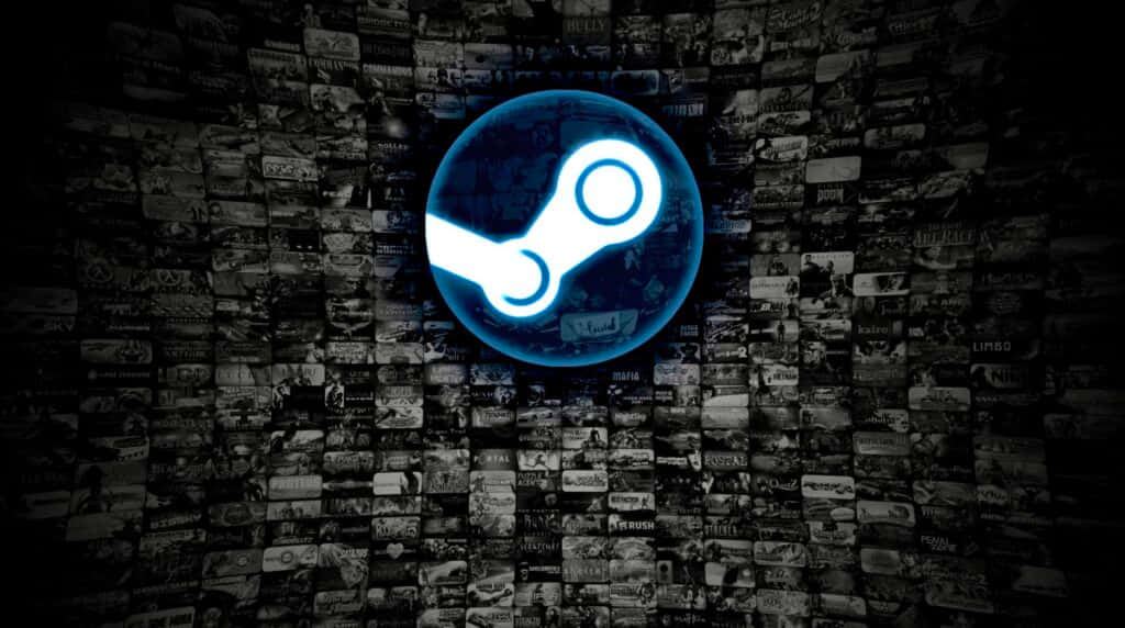  壁紙 — 一個發光的藍色 Steam 標誌在佈滿褪色遊戲封面藝術的暗牆上脈動。