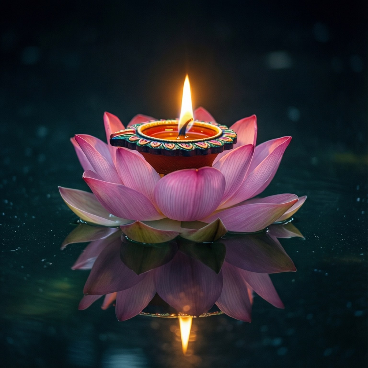 Lotus Diya Serenity 壁紙 — 一個發光的蠟燭放在裝飾燭台上，擱在漂浮在黑暗水面上的粉紅色蓮花上，有清晰的倒影。