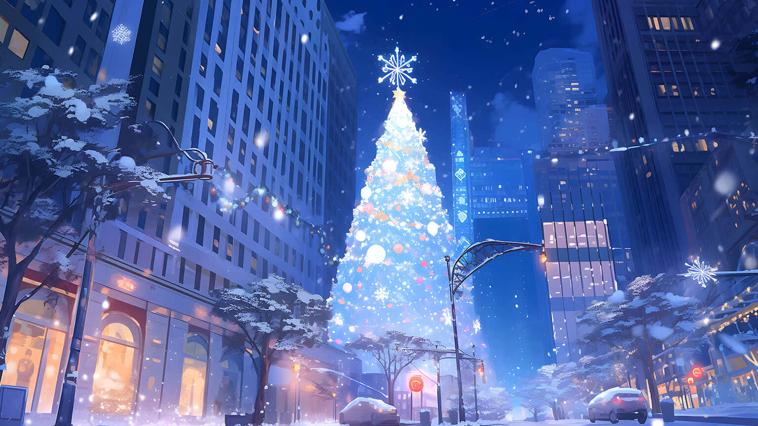  壁紙 — 一棵高聳發光的聖誕樹矗立在雪夜的城市街道上，周圍是高樓大廈和飄落的雪花。