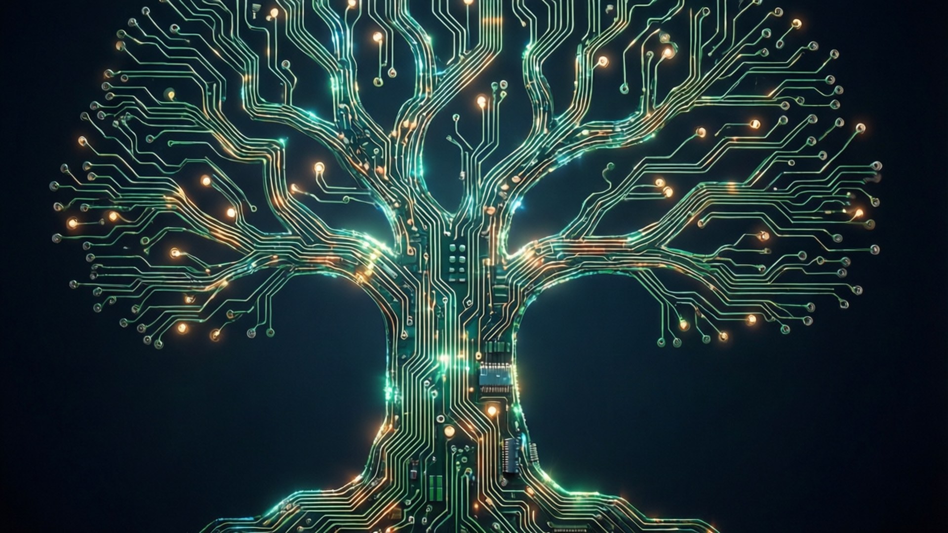 Tree of Circuits 壁紙 — 發光電路板樹，帶有螢光綠和金色路徑，背景為深色。