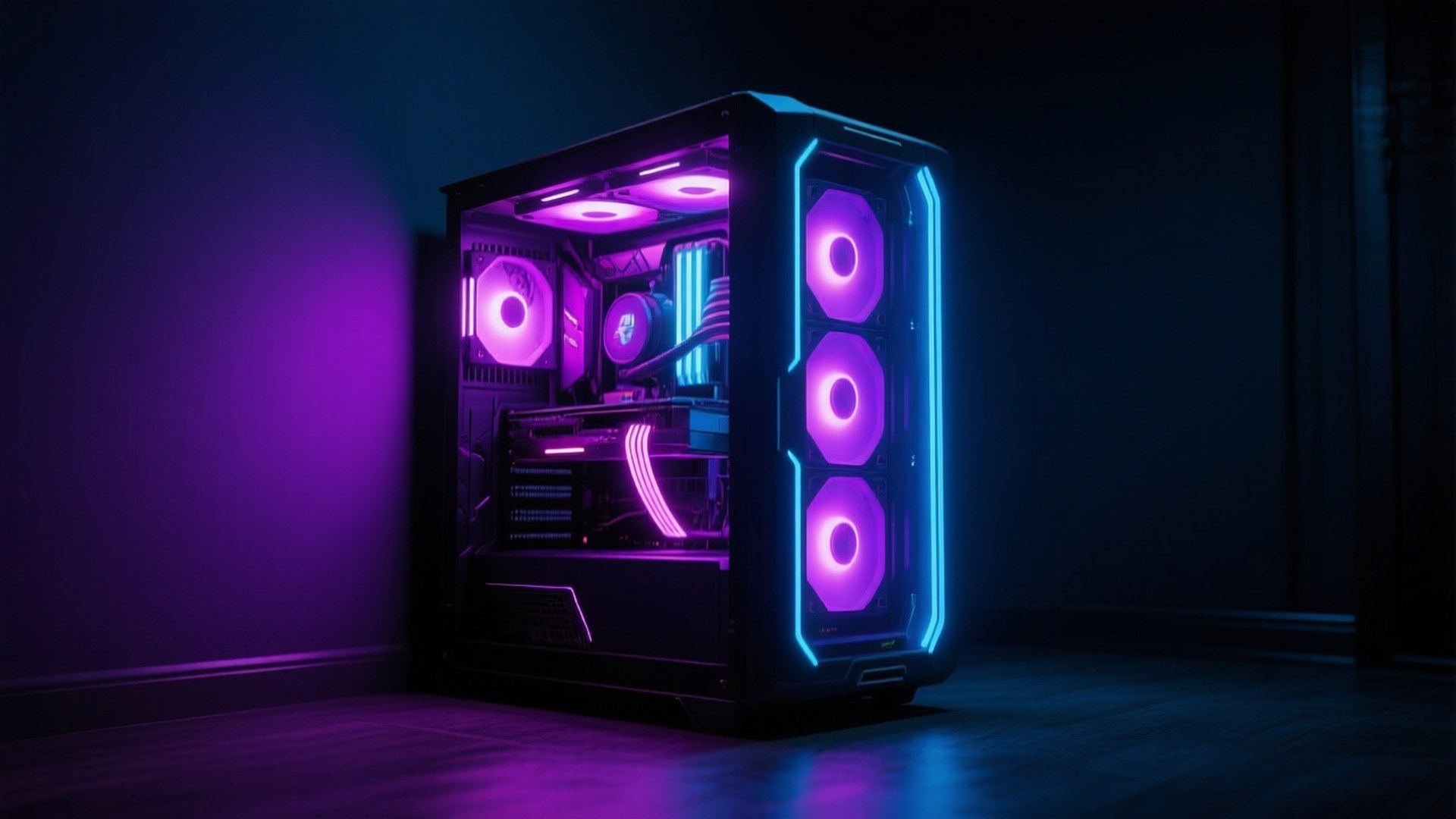 Neon Gaming Rig 壁紙 — 一個時尚的黑色電腦機殼，帶有發光的紫色和藍色風扇及內部照明，放置在黑暗的房間中，在地板上投射出色彩繽紛的反射。