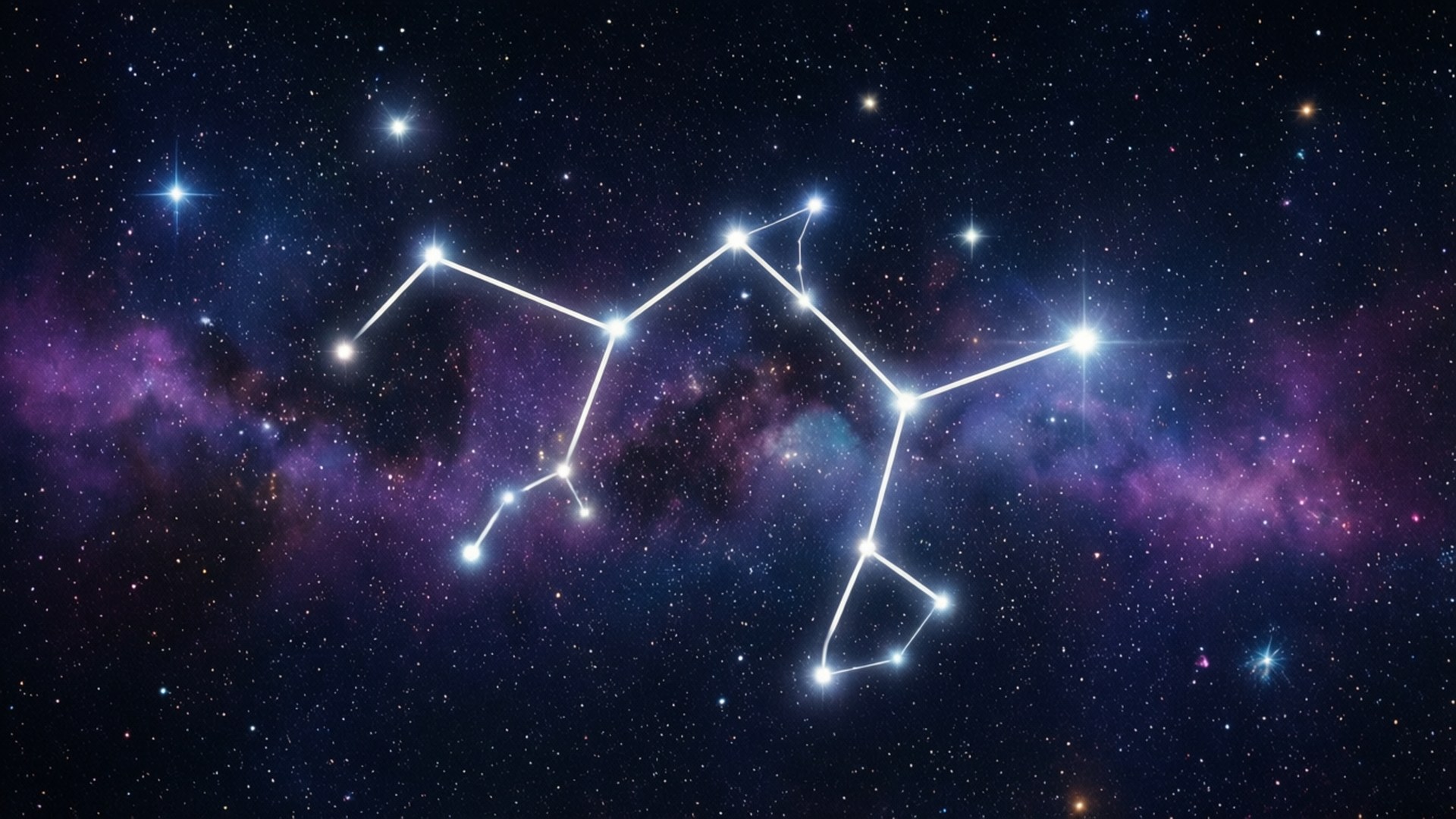 Cosmic Virgo Nebula 壁紙 — 一個發光的星座輪廓將明亮的星星連接起來，穿過一個充滿遙遠星星的深紫色和藍色星雲。