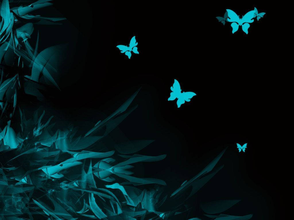 青色蝴蝶在深色水晶般的葉子上方於黑色虛空中發光。 — Amoled 壁紙