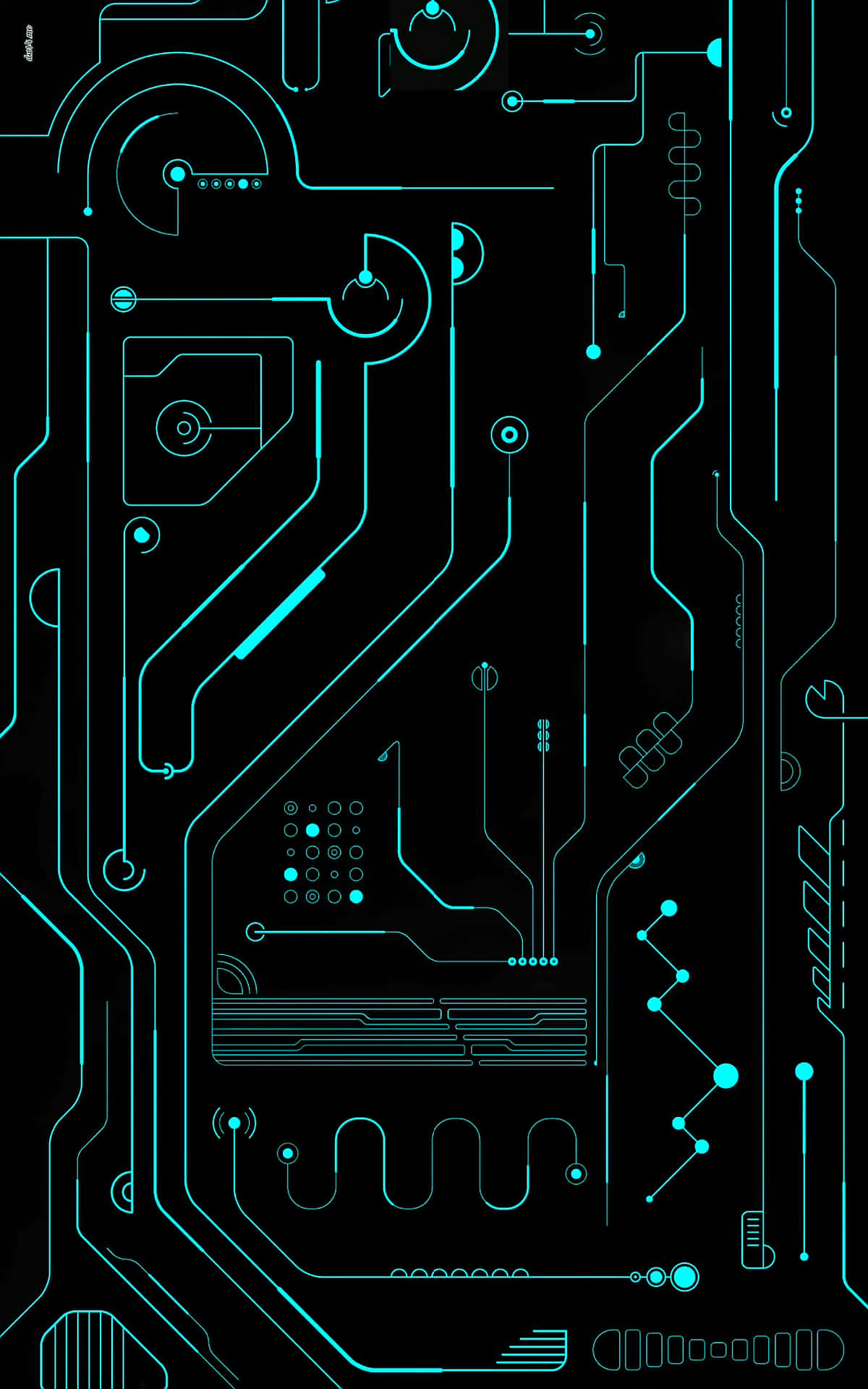 黑色背景上發光的藍色電路板設計 — Amoled 壁紙