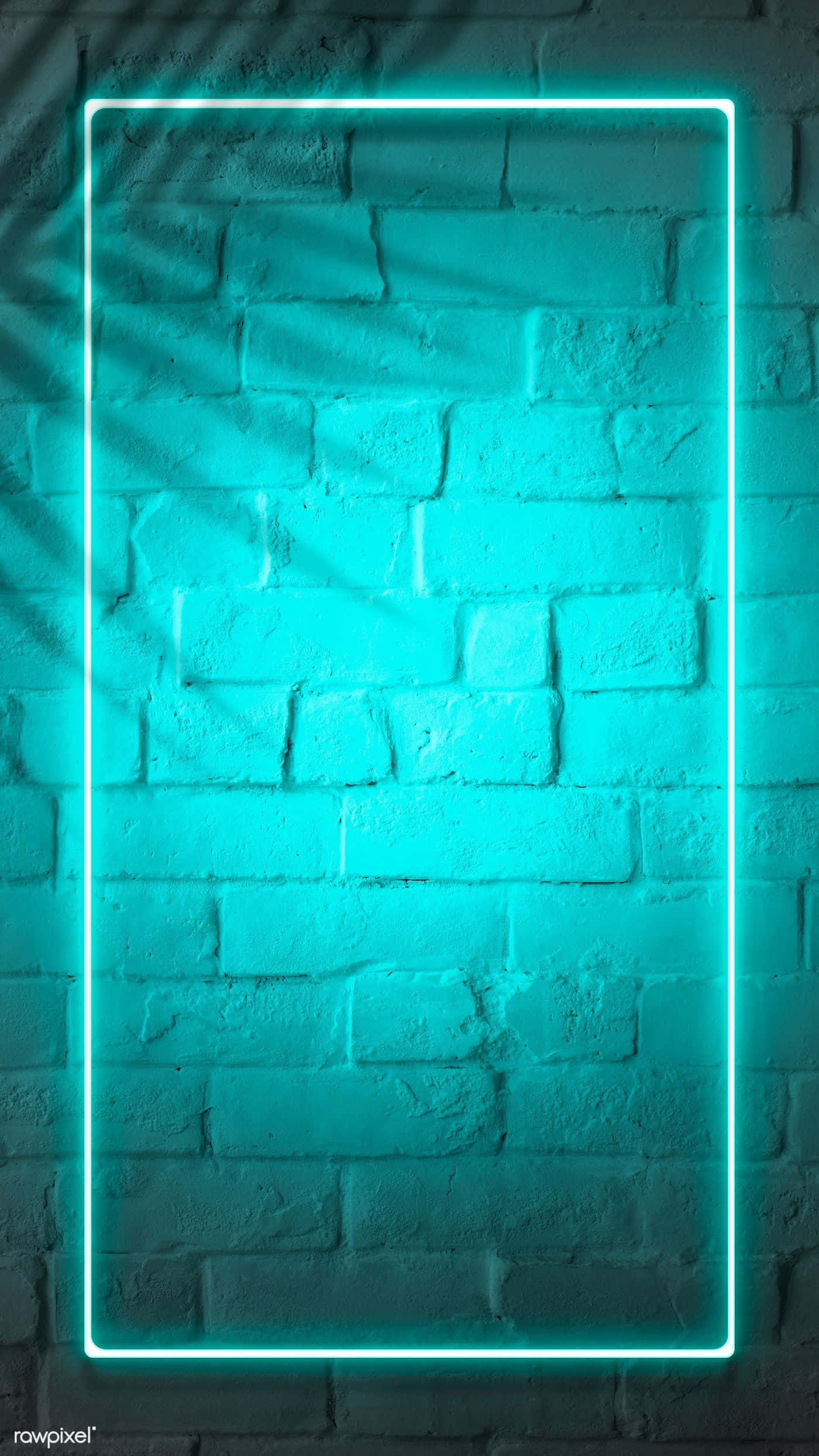Turquoise Blue 桌布 壁紙 — 一個發光的青色霓虹燈矩形框住一面有紋理的磚牆，表面投射著棕櫚葉的影子。
