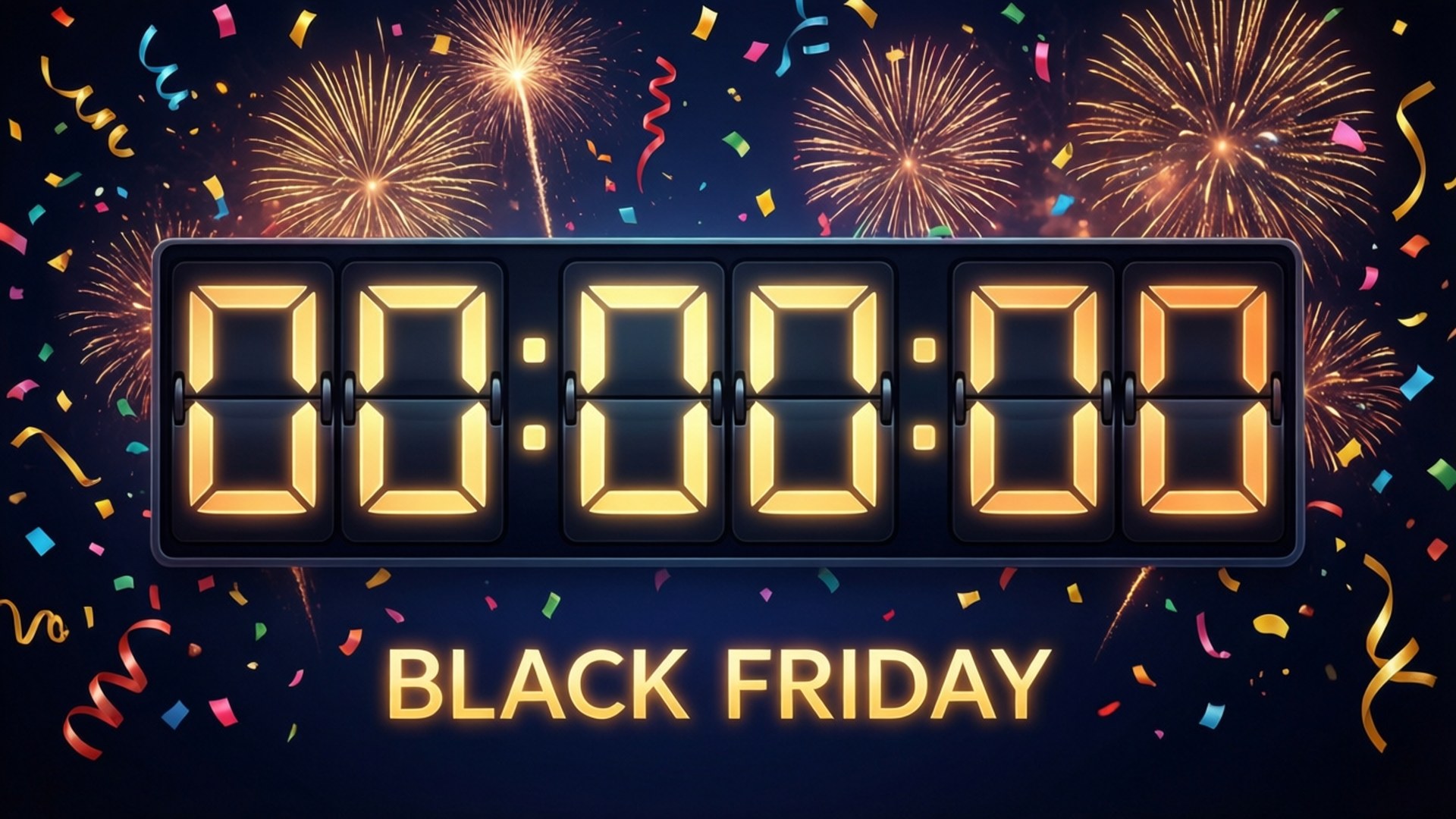 Black Friday Countdown 壁紙 — 一個發光的數位倒數計時器顯示00:00:00，為黑色星期五而設，背景是夜空、煙火和彩色紙屑。