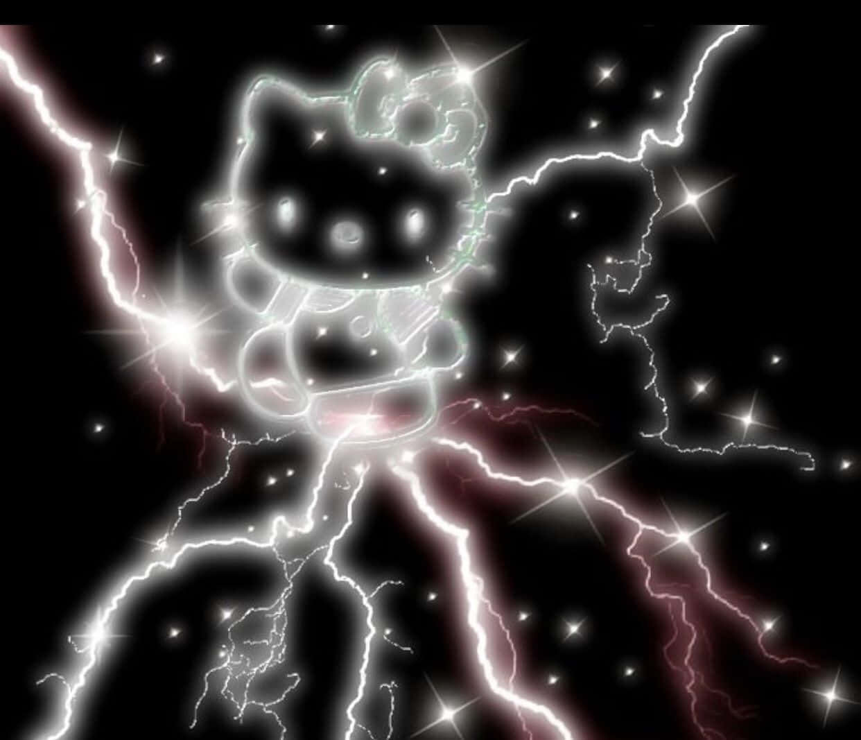  壁紙 — 發光的電氣Hello Kitty公仔在星空黑色背景上散發出白色和粉紅色的閃電。