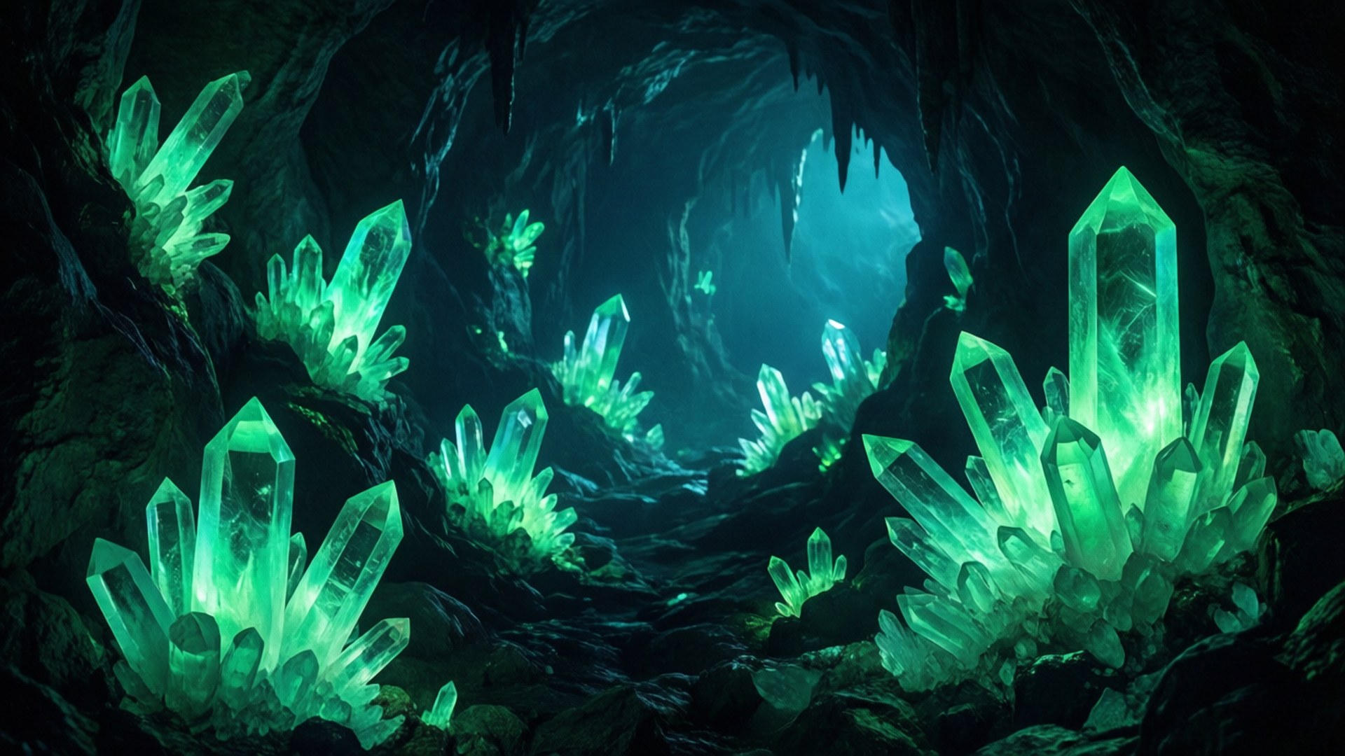 Green Crystals Cool Pictures 壁紙 — 發光的祖母綠晶體刺穿黑暗的洞穴牆壁，在一個籠罩在詭異綠光中的神秘地下洞穴中。
