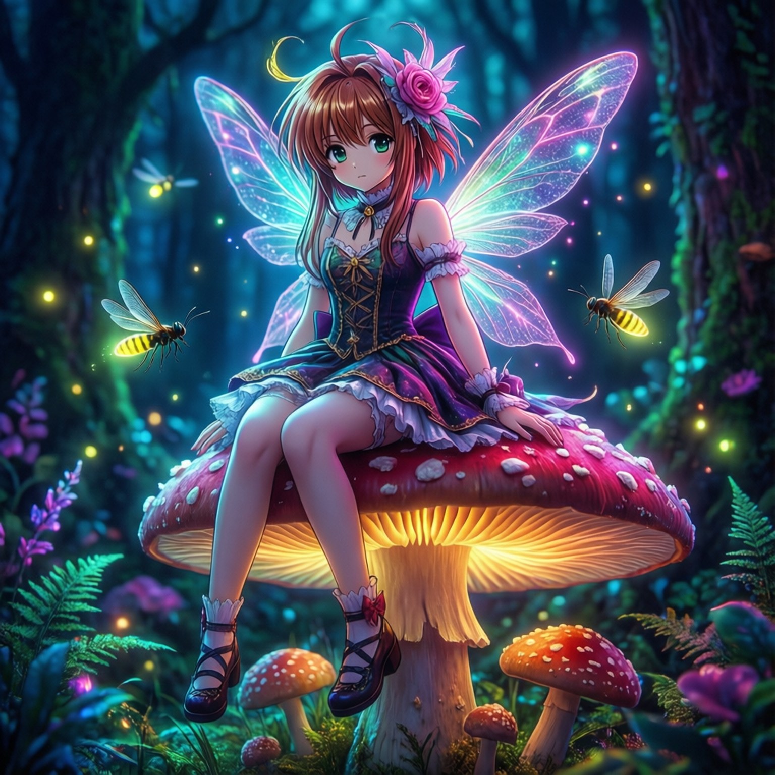 Chobits Sumomo 桌布 壁紙 — 一位發光的仙女擁有彩虹色的翅膀，坐在神秘森林中的巨型蘑菇上，森林被螢火蟲和月光照亮。