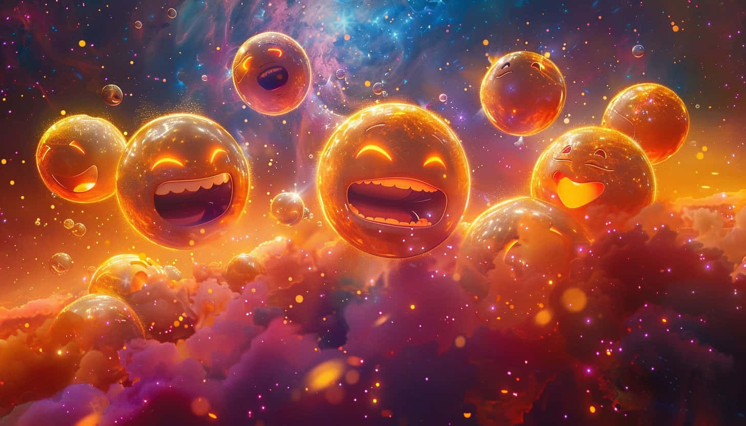  壁紙 — 發光的金色表情符號球體在充滿星星和彩色雲朵的充滿活力的宇宙星雲中歡快地大笑。
