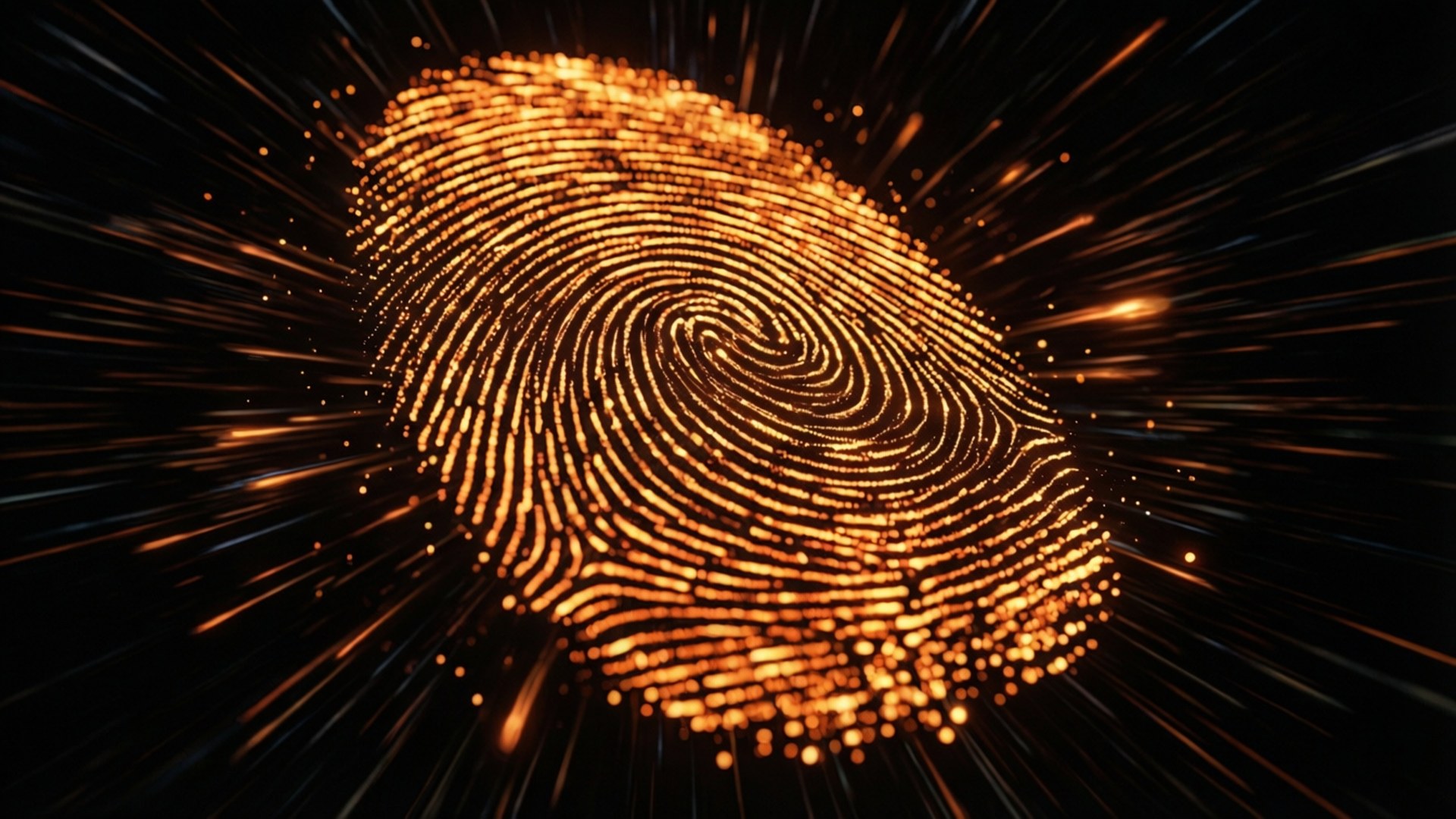 Touch Id 桌布 壁紙 — 發光的金色指紋在黑色背景上旋轉，帶有輻射光條。