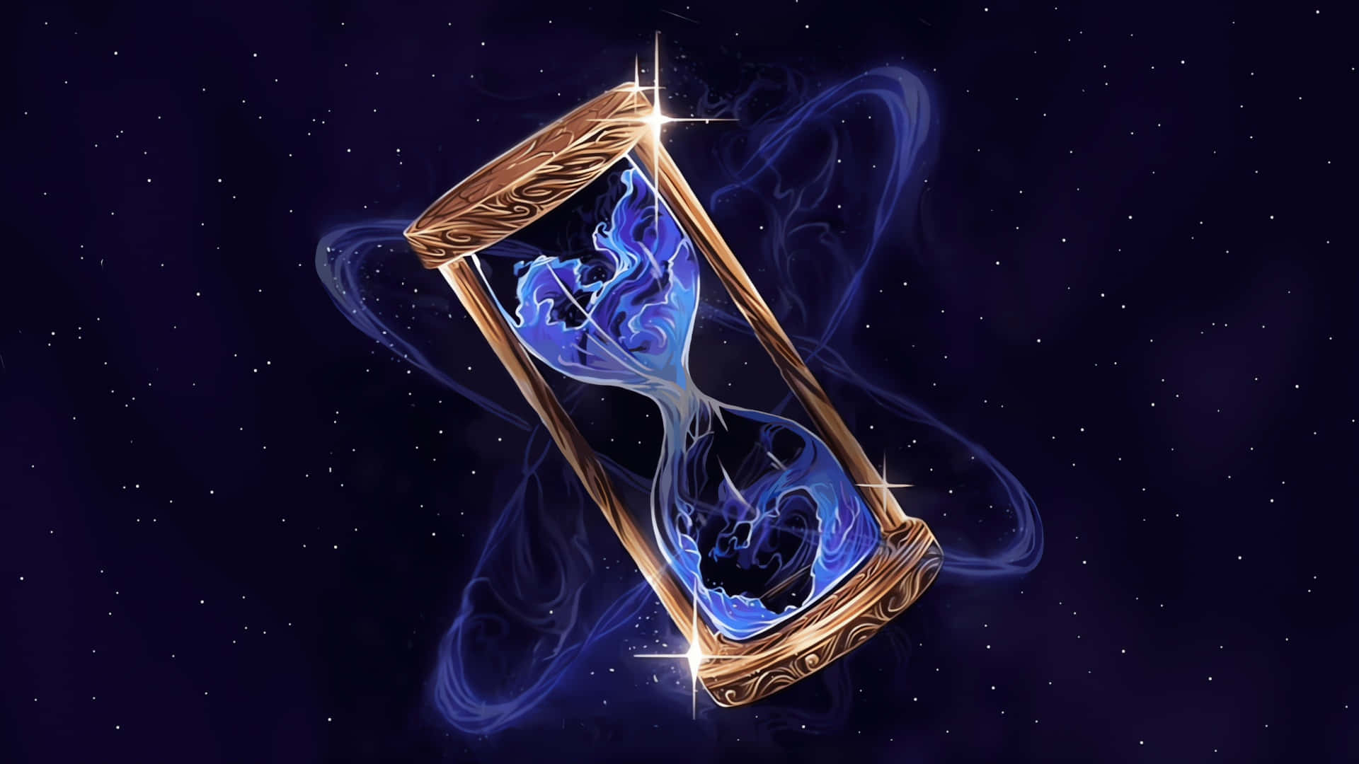  壁紙 — 一個發光的金色沙漏漂浮在星空之中，旋轉的藍色能量流經其腔室。
