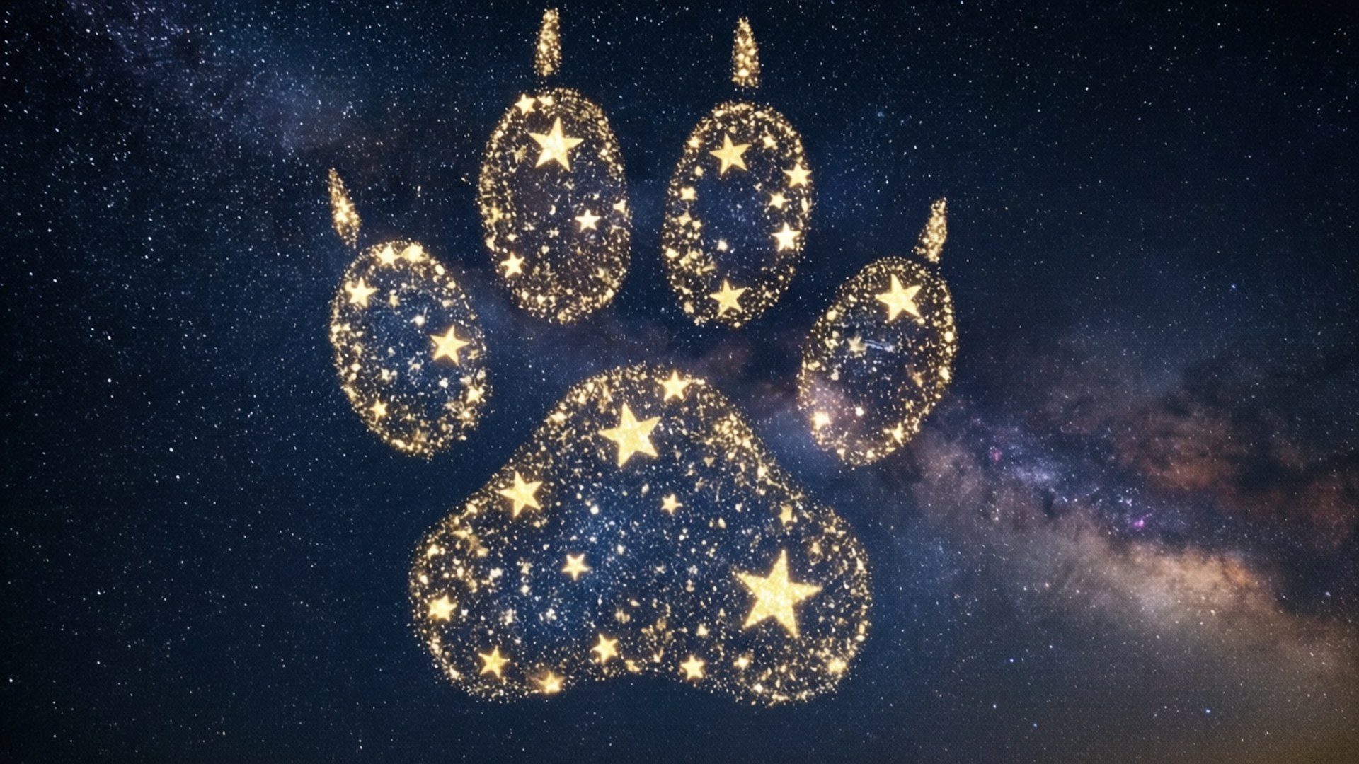 桌布 壁紙 — 一個由星星組成的發光金色爪印漂浮在深空宇宙夜空中，可見銀河塵埃雲。