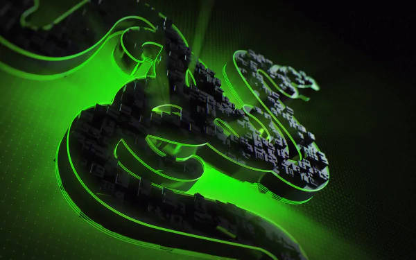 發光綠色Razer標誌，帶有電路板紋理和霓虹輪廓。 — 4K 壁紙