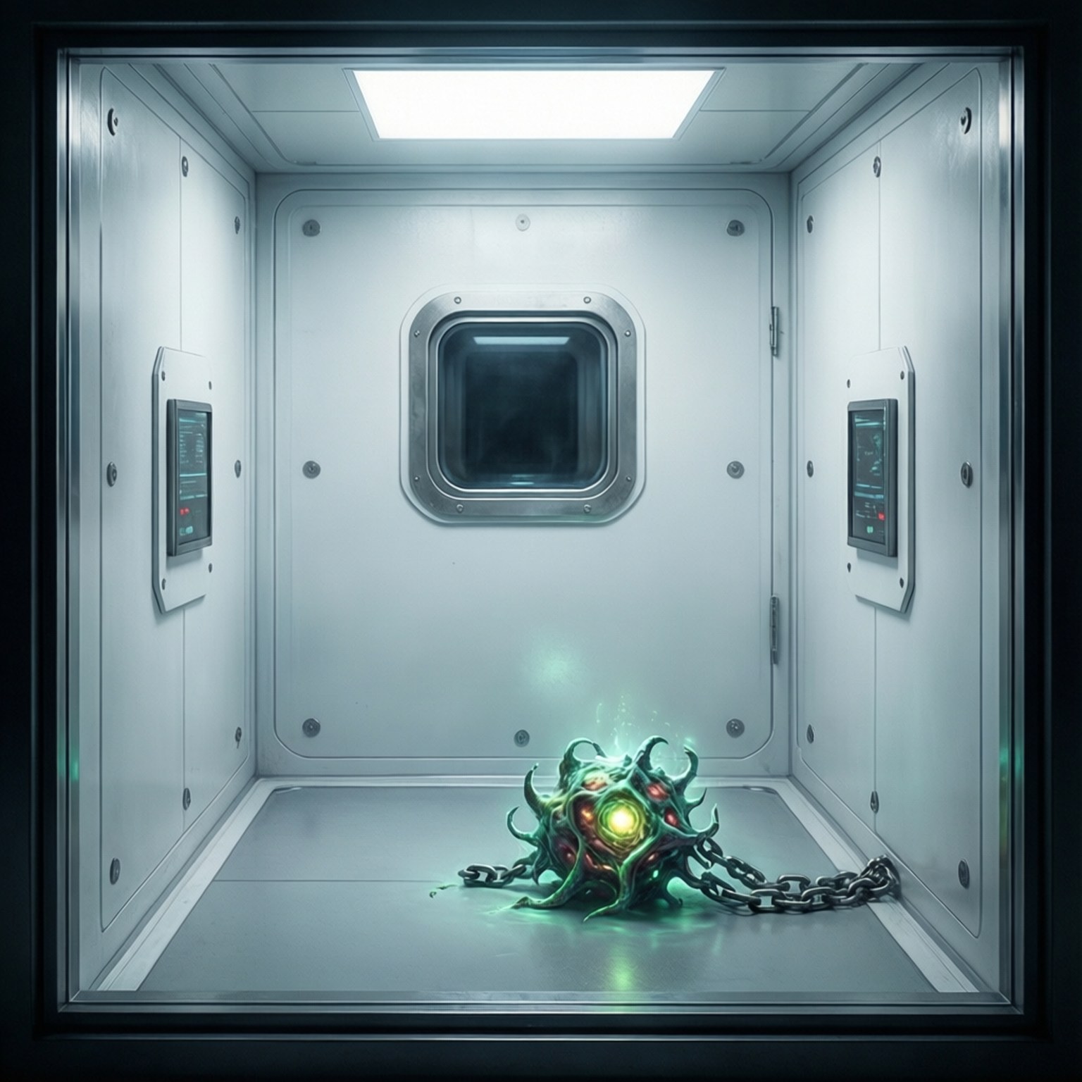 SCP Foundation 桌布 壁紙 — 一個發光的綠色外星生物，帶有觸手和明亮的核心，被鎖鏈拴在無菌白色太空船艙的地板上。
