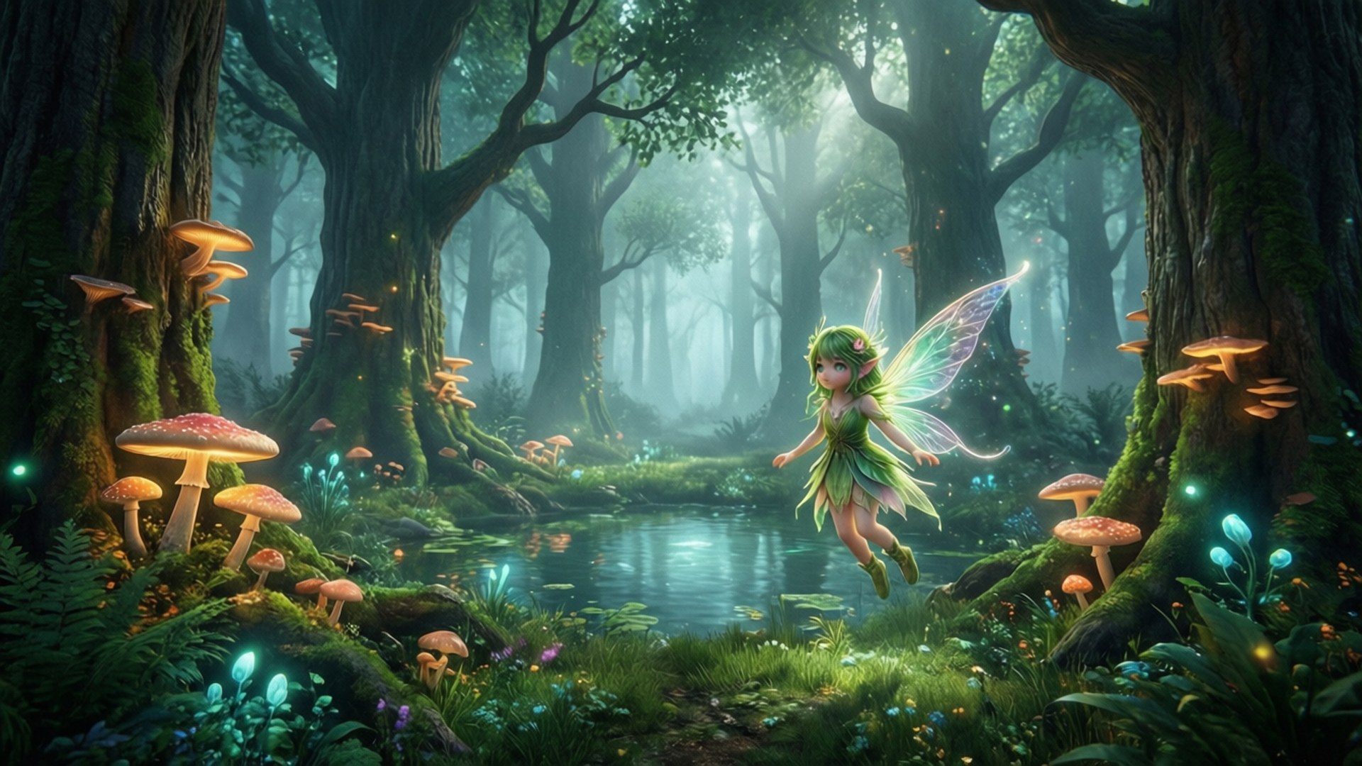 Enchanted Forest 壁紙 — 一隻發光的綠色仙子，擁有半透明的翅膀，盤旋在霧氣繚繞的森林溪流上方，周圍環繞著巨大的蘑菇和長滿苔蘚的樹木。