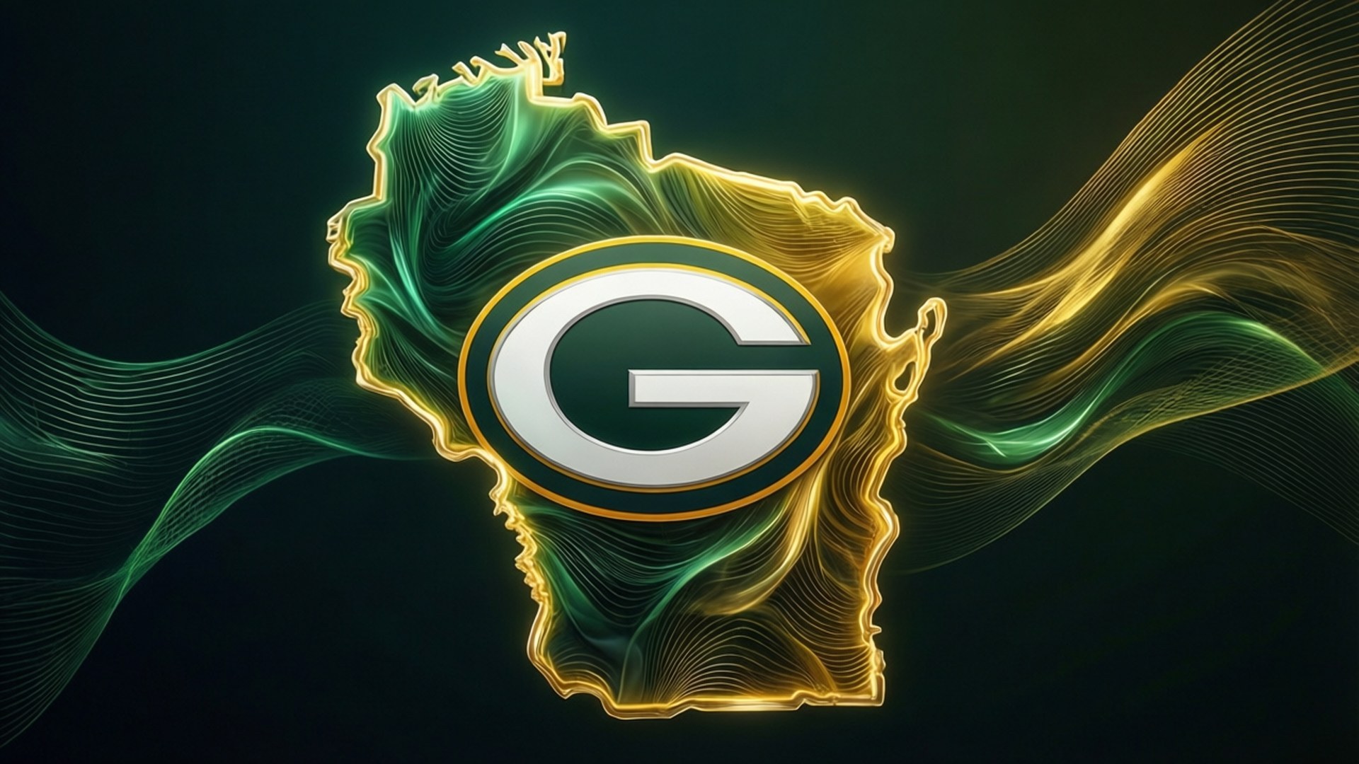 Wisconsin Logo Fusion 壁紙 — 發光的綠色和金色威斯康辛州輪廓動態地圍繞著中央的綠灣包裝工隊標誌流動。