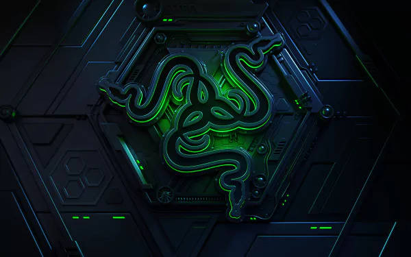 黑暗未來科技面板上的發光綠色Razer標誌 — 4K 壁紙