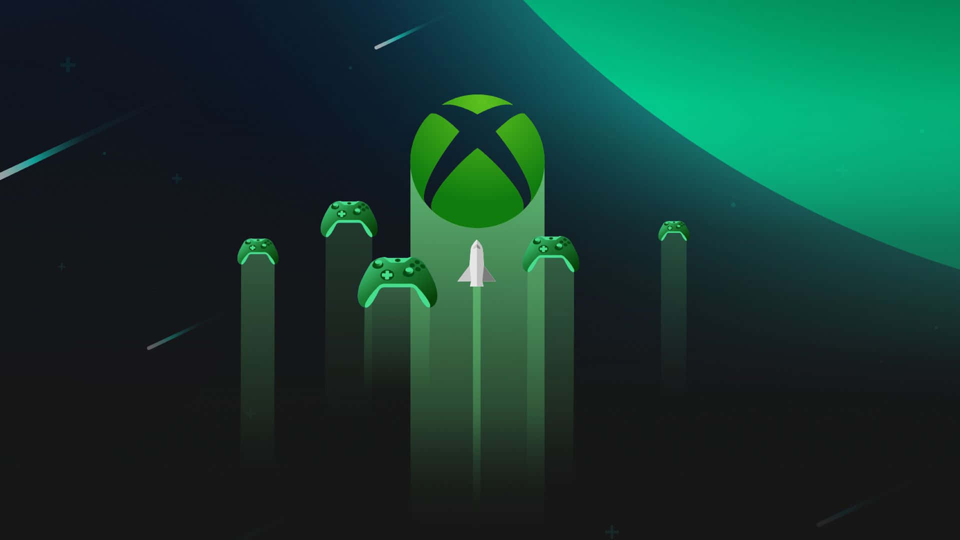 綠色Xbox標誌和控制器，火箭發射進入太空。 — 1080P 壁紙