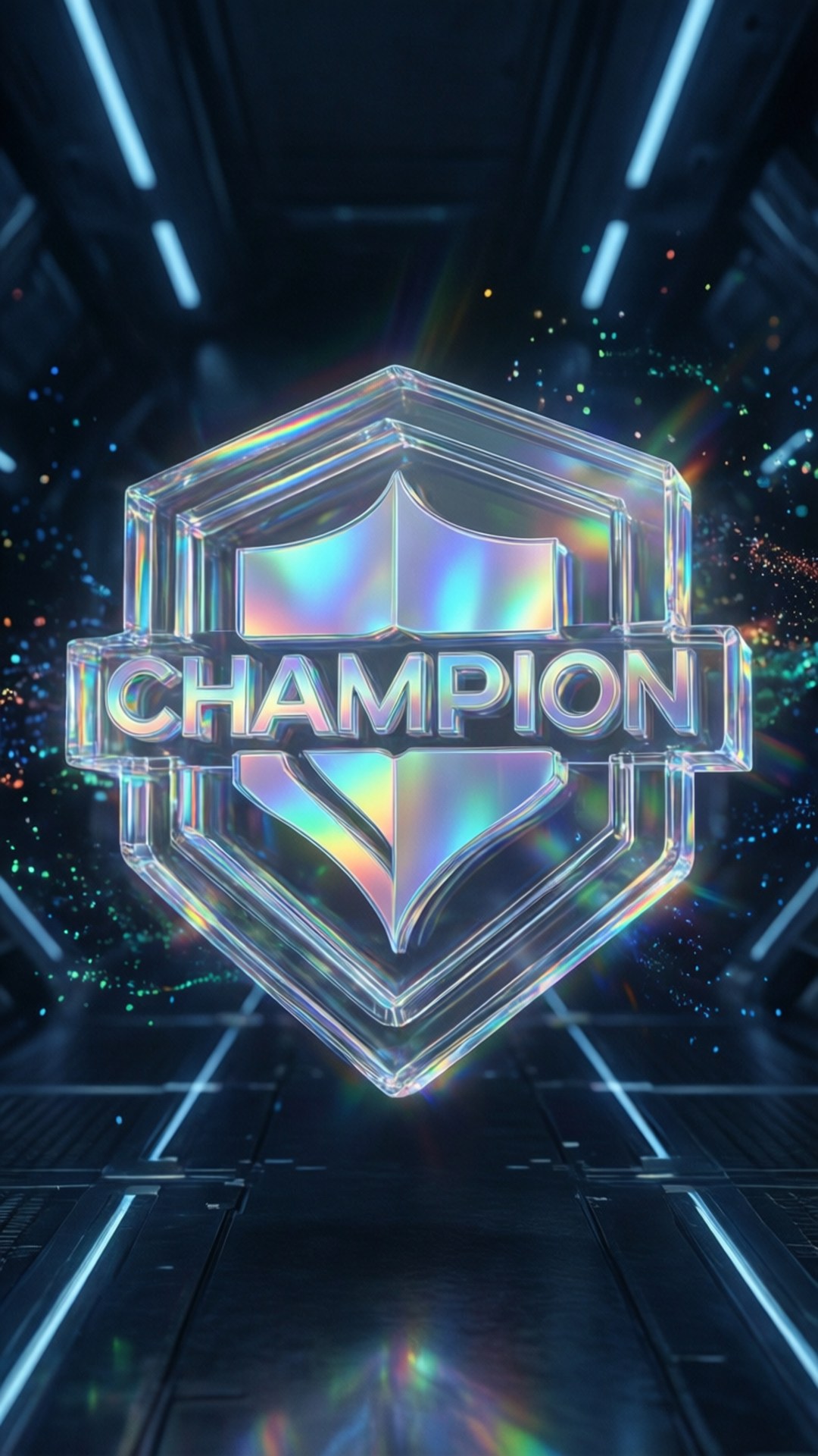 Hologram Champion Logo 壁紙 — 一個發光的全息冠軍徽章漂浮在充滿霓虹燈和閃爍粒子的未來主義走廊中。