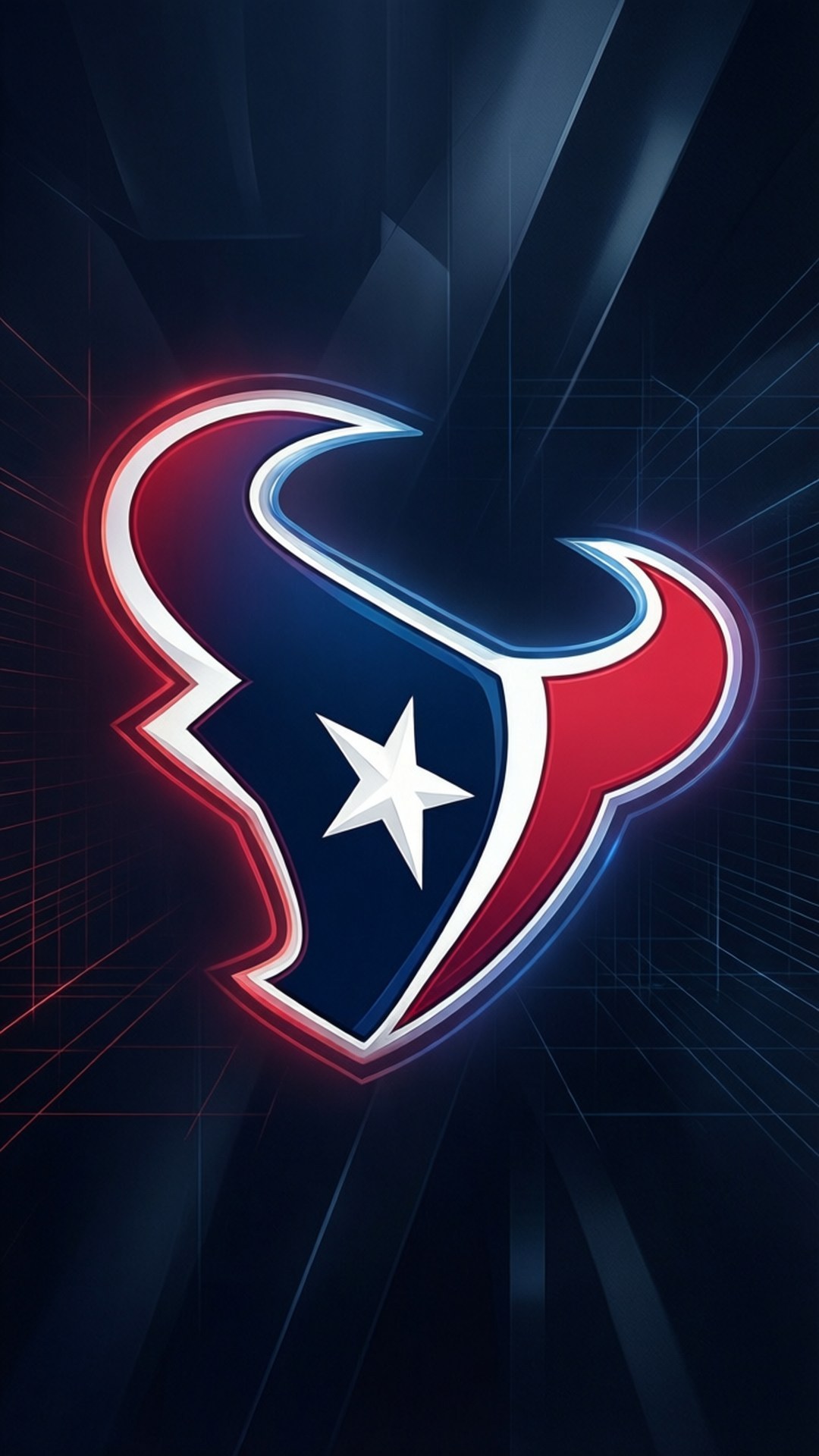 Sleek Bull Logo 壁紙 — 在深色幾何背景上，帶有紅、藍、白霓虹輪廓的發光休士頓德州人隊標誌。