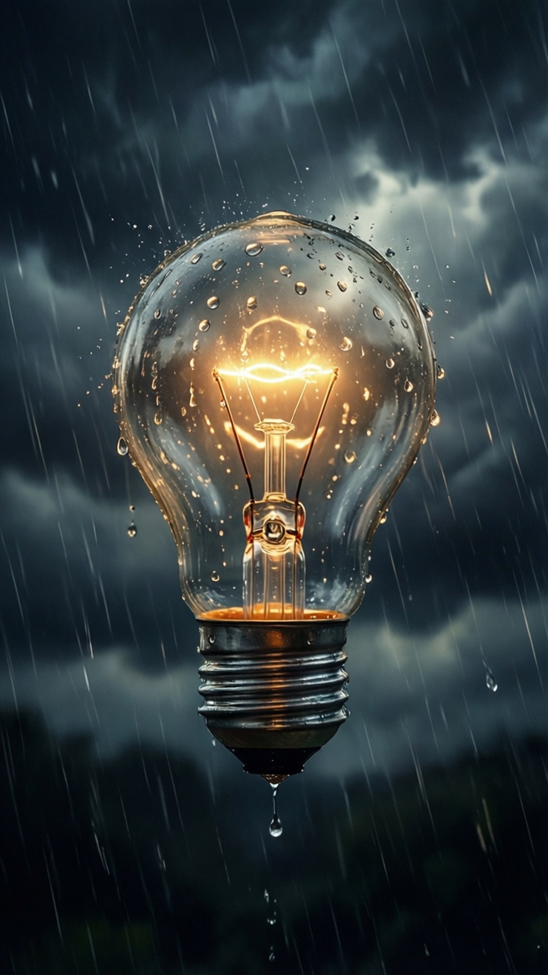 Light in the Storm 壁紙 — 一顆發光的白熾燈泡在暴雨中漂浮，背景是黑暗的暴風雨天空，水滴附著在玻璃表面。