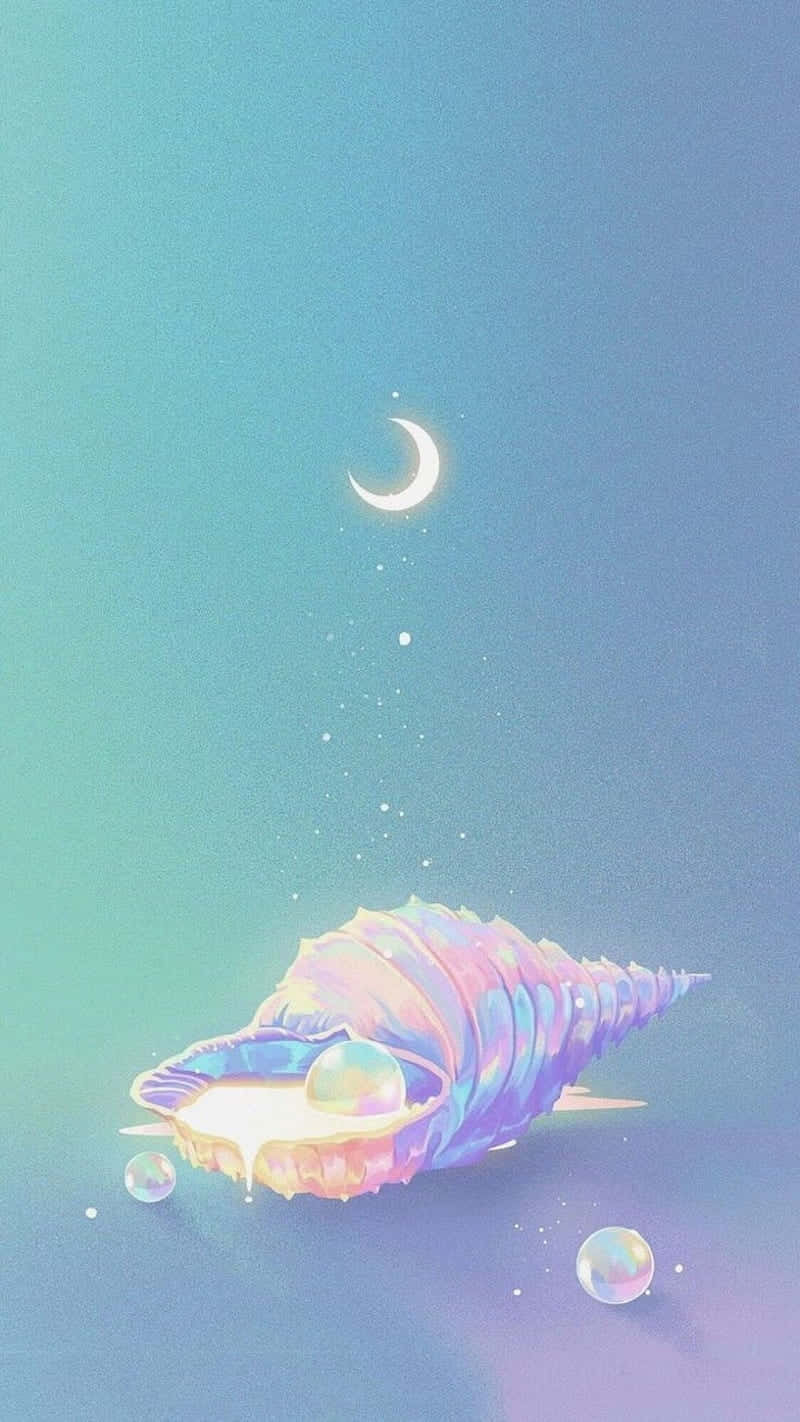  壁紙 — 一個發光的彩虹色貝殼在彎月下懷抱著一顆珍珠，背景是夢幻的漸層天空。