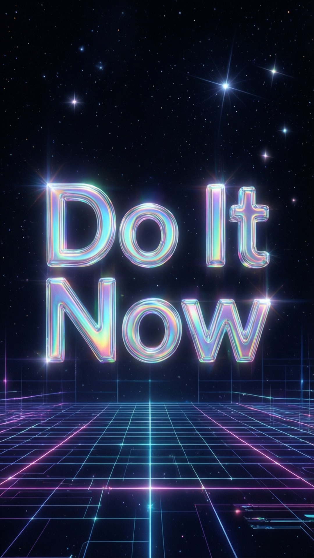 Do It Now 桌布 壁紙 — 發光彩虹色文字 'Do It Now' 漂浮在星空夜空中的霓虹網格地板之上。